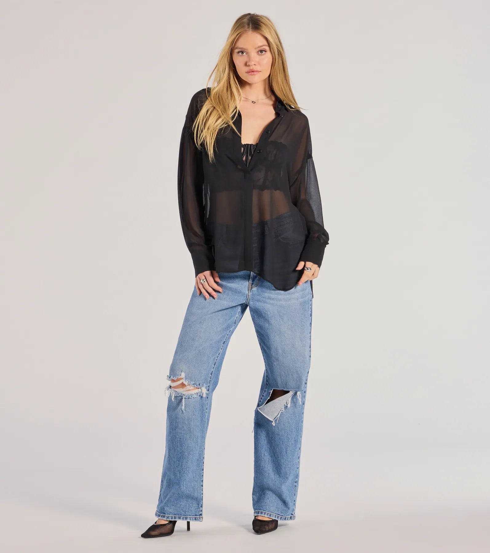 Sheer Ambition Long Sleeve Collared Blouse