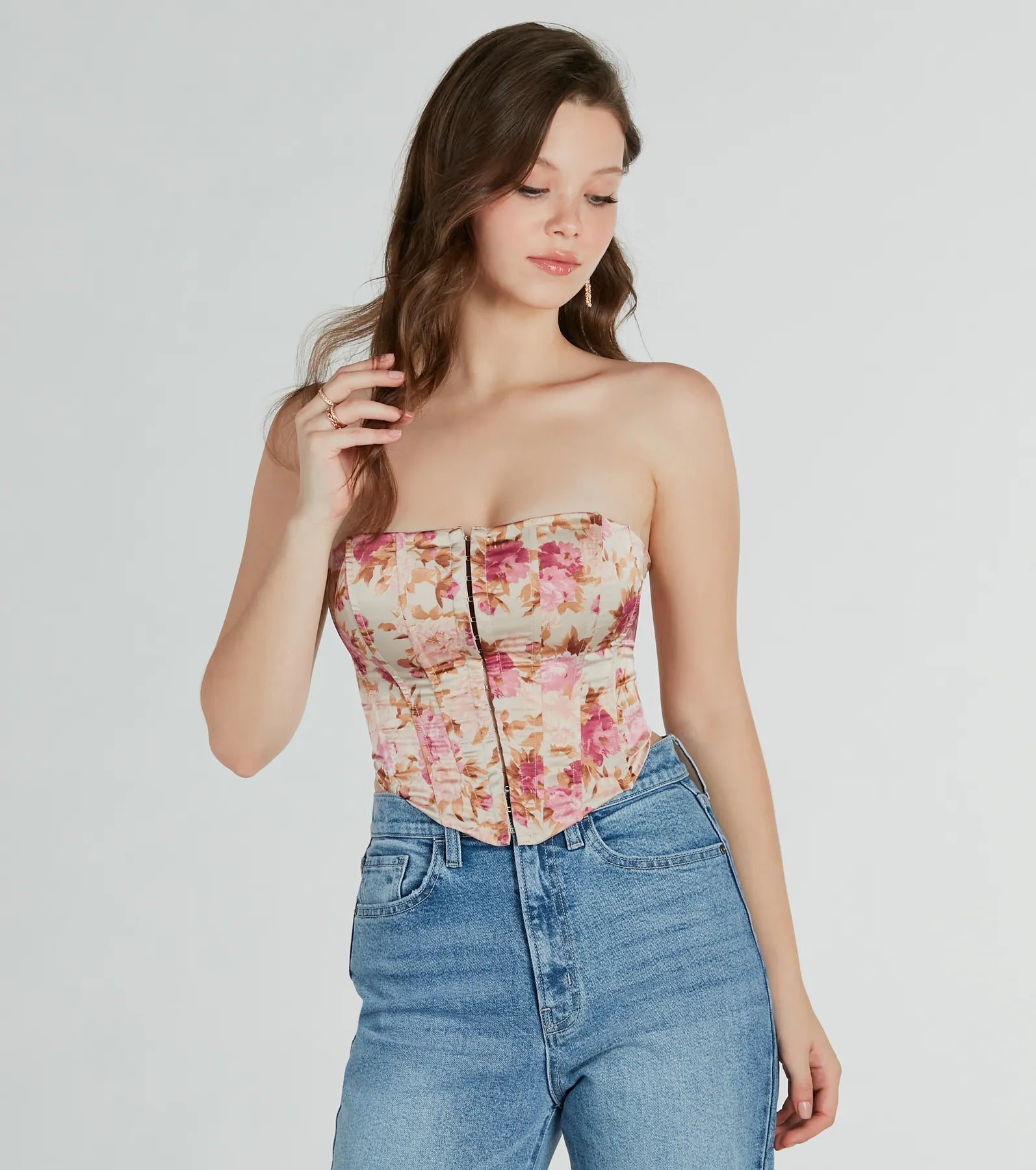 Time To Bloom Satin Floral Lace-Up Corset Top