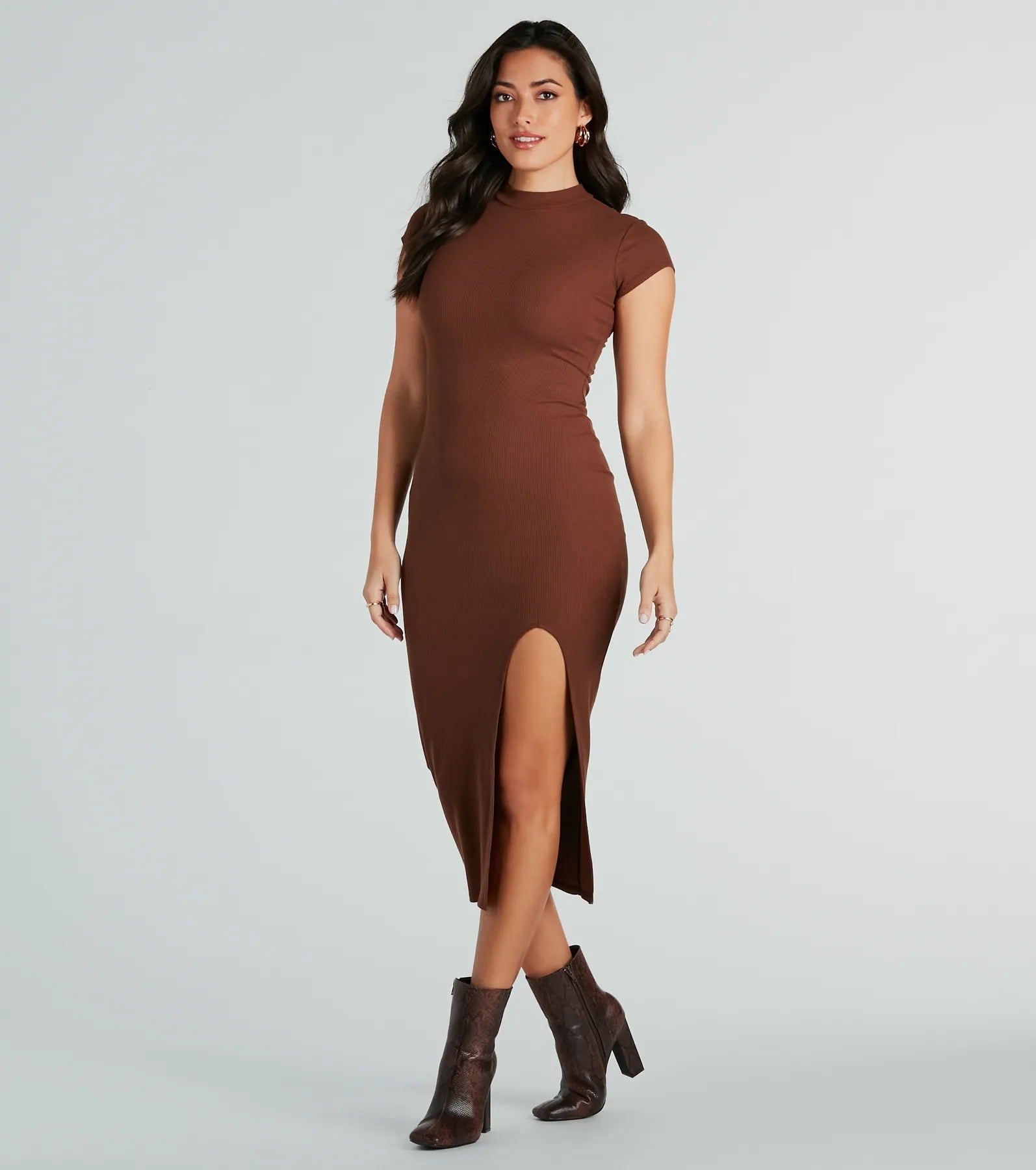 Sweet Demeanor Mock Neck Ribbed Knit Midi Dress