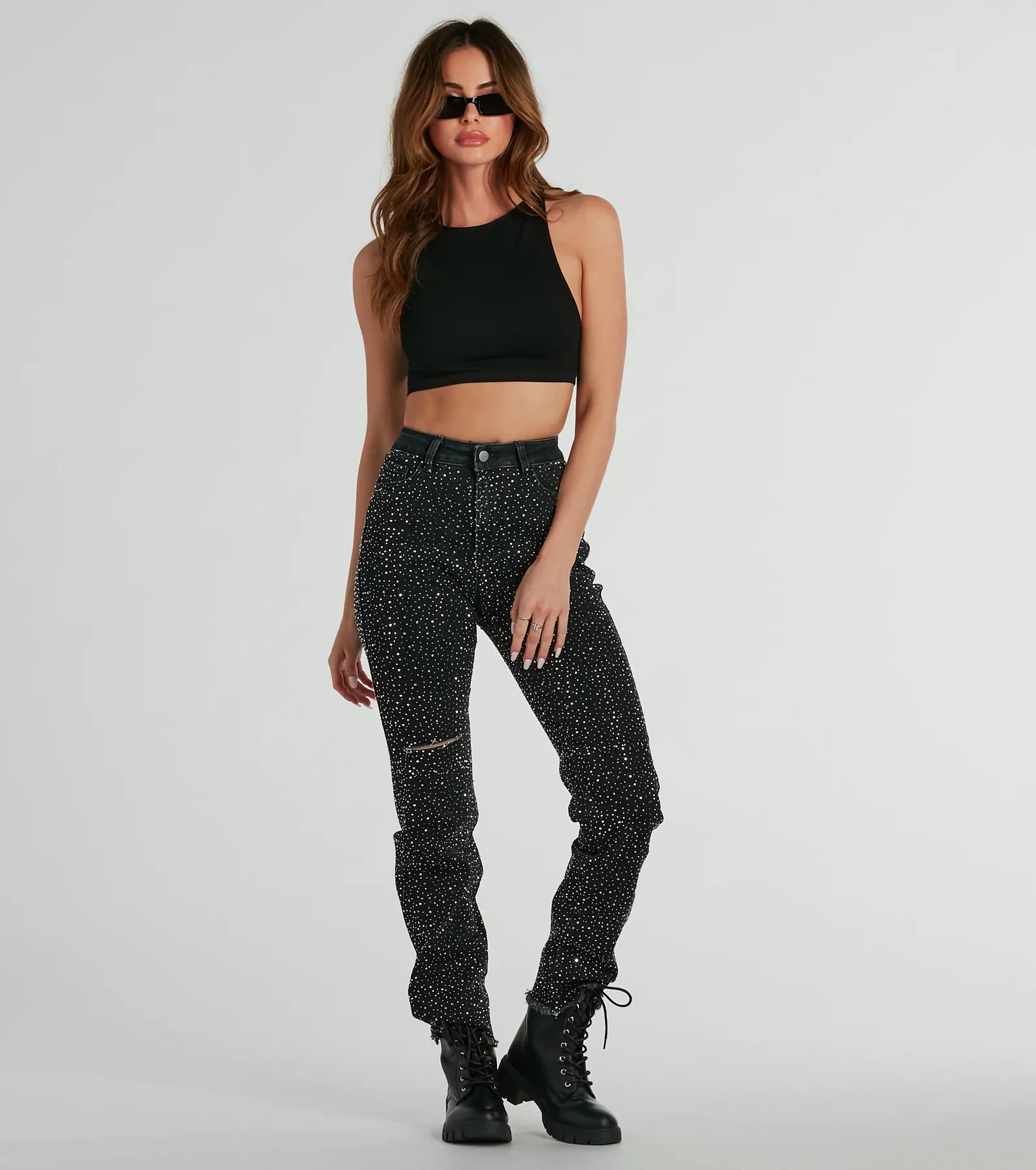 Glam Girlie Rhinestone High Waist Straight-Leg Jeans