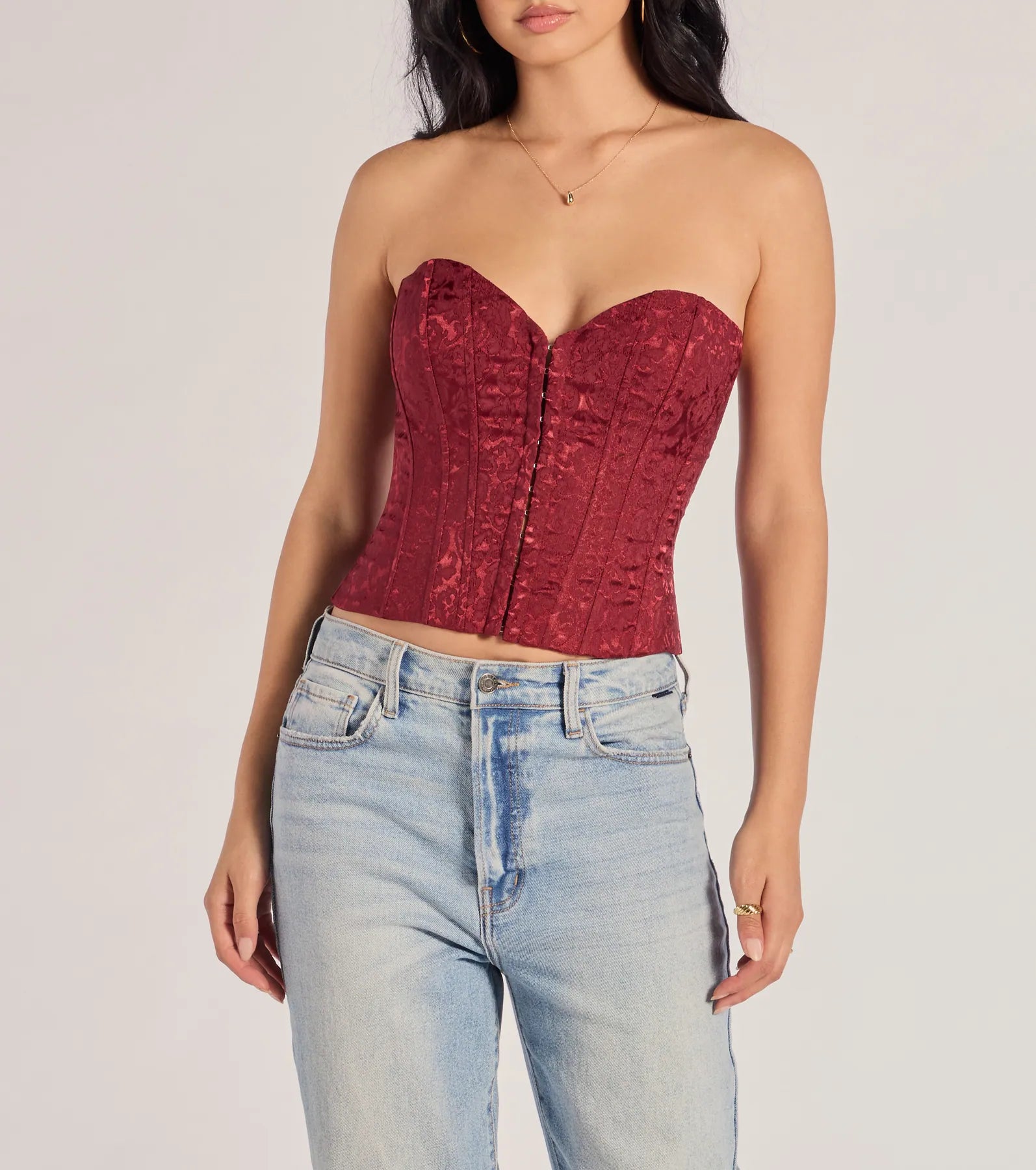 Chic Status Brocade Satin Strapless Corset Top