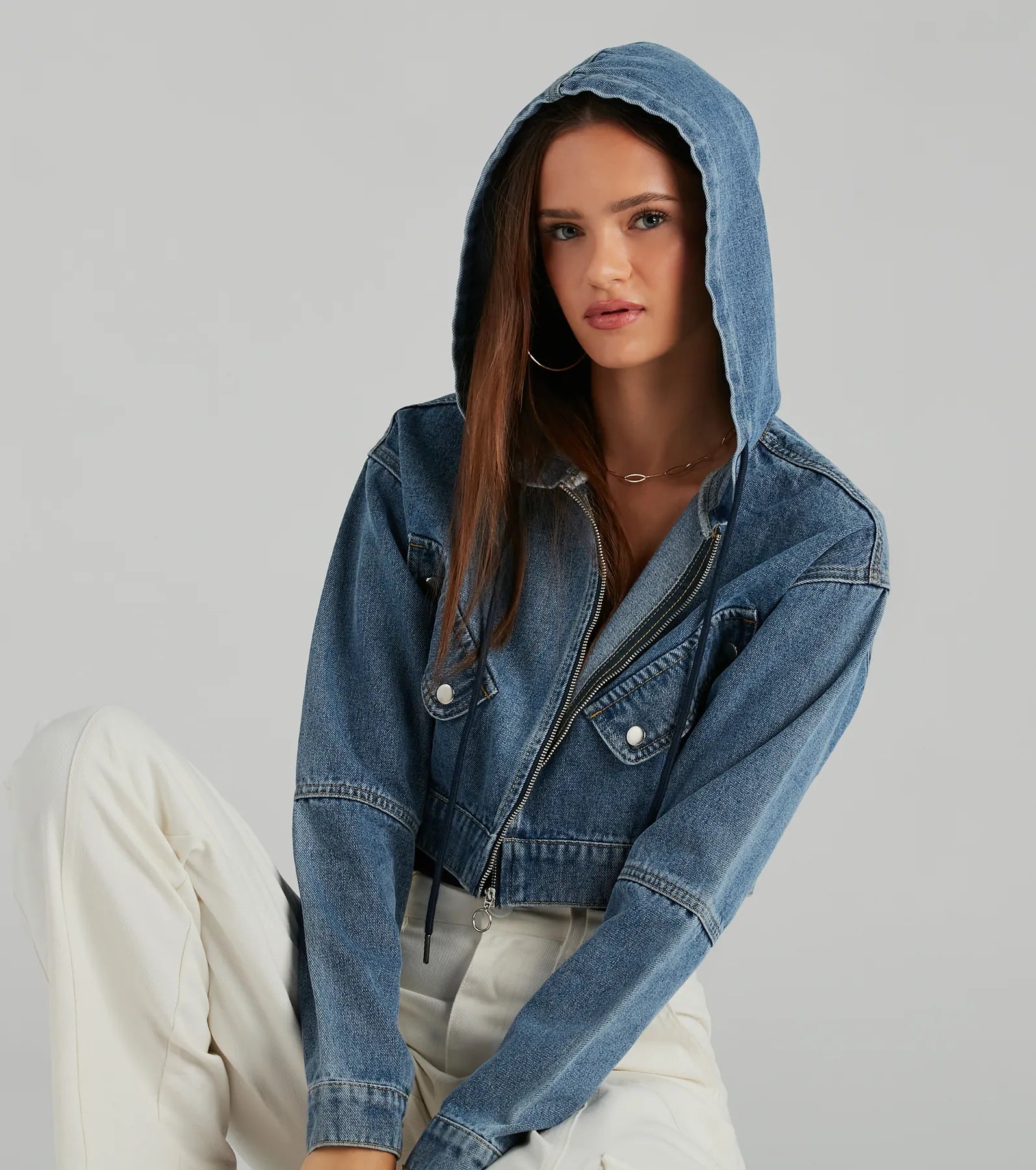 Laid Back Cool Denim Crop Hoodie