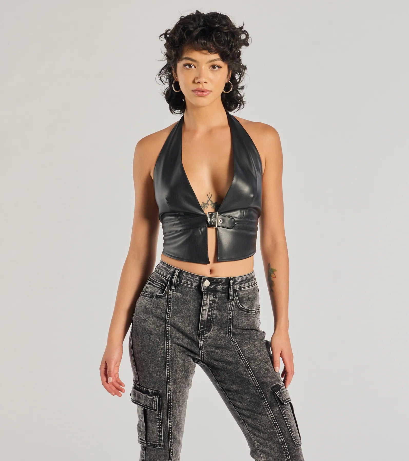 Sultry Muse Buckle Strap Faux Leather Crop Top