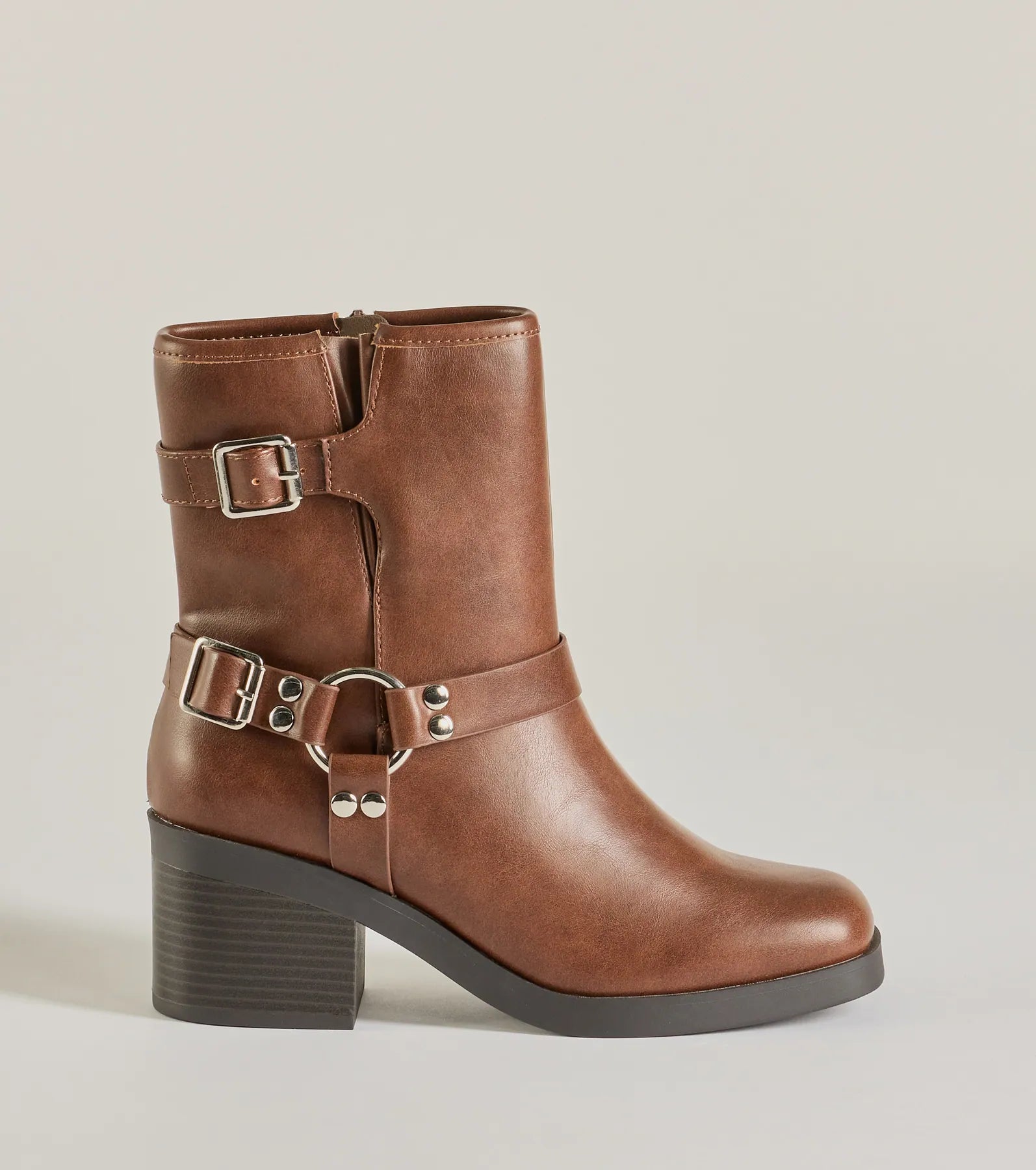 Moto Chic Buckled Faux Leather Ankle Booties