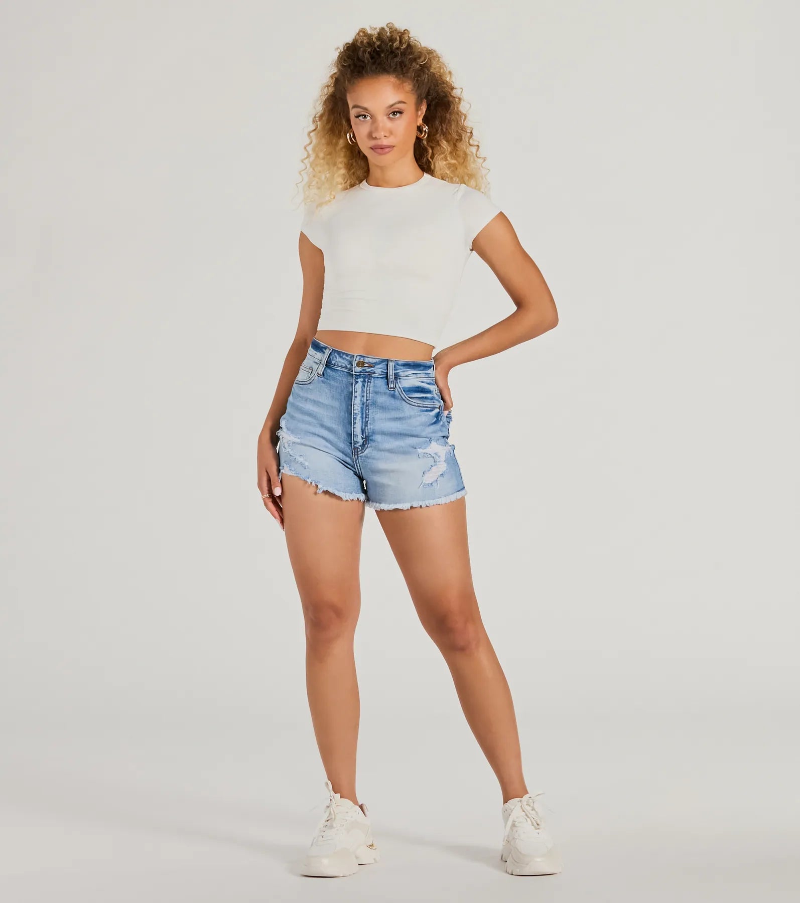 Trendy Distressed High Waist Cut-Off Denim Shorts