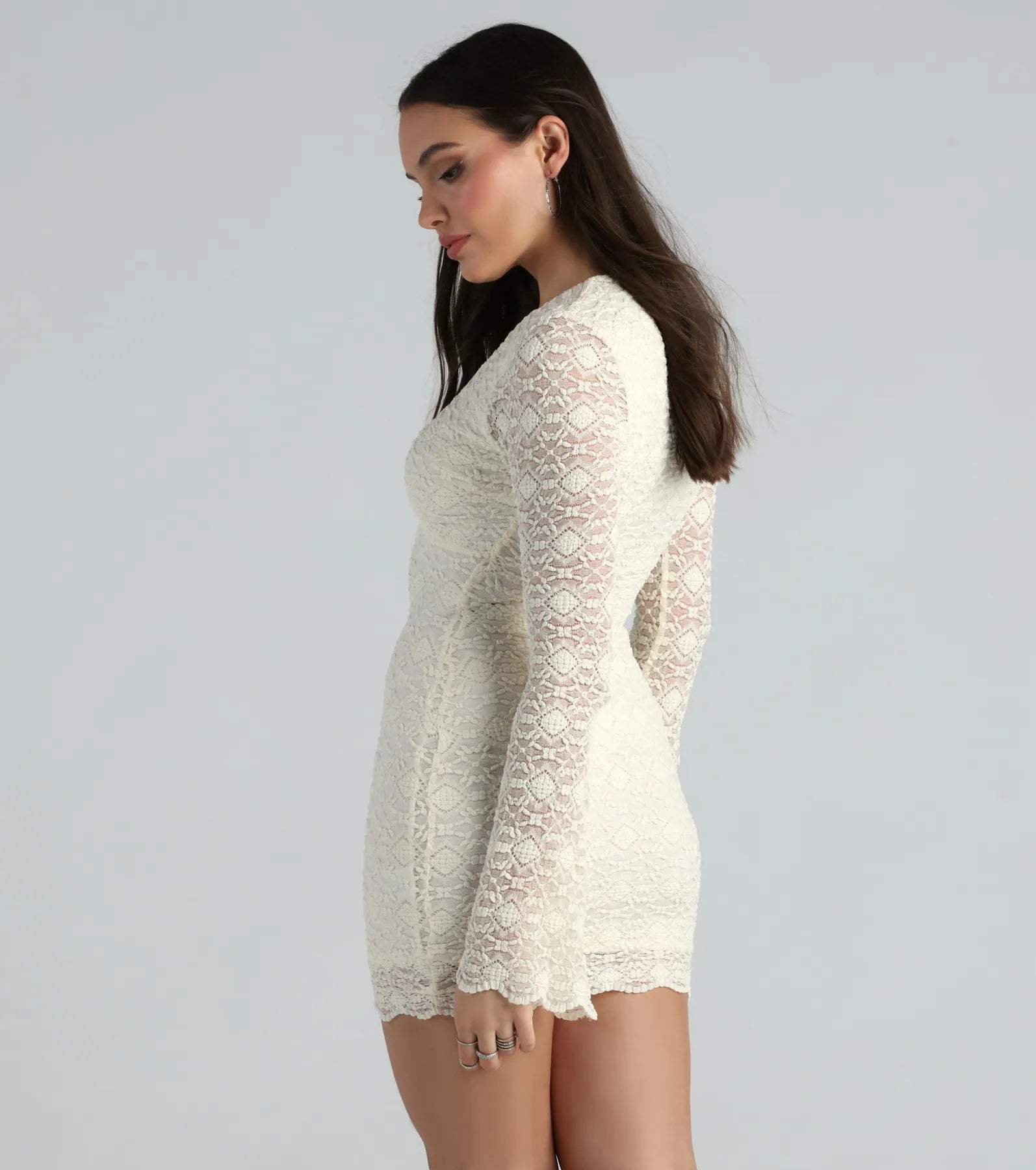 Loved In Lace V-Neck Long Sleeve Short Dress