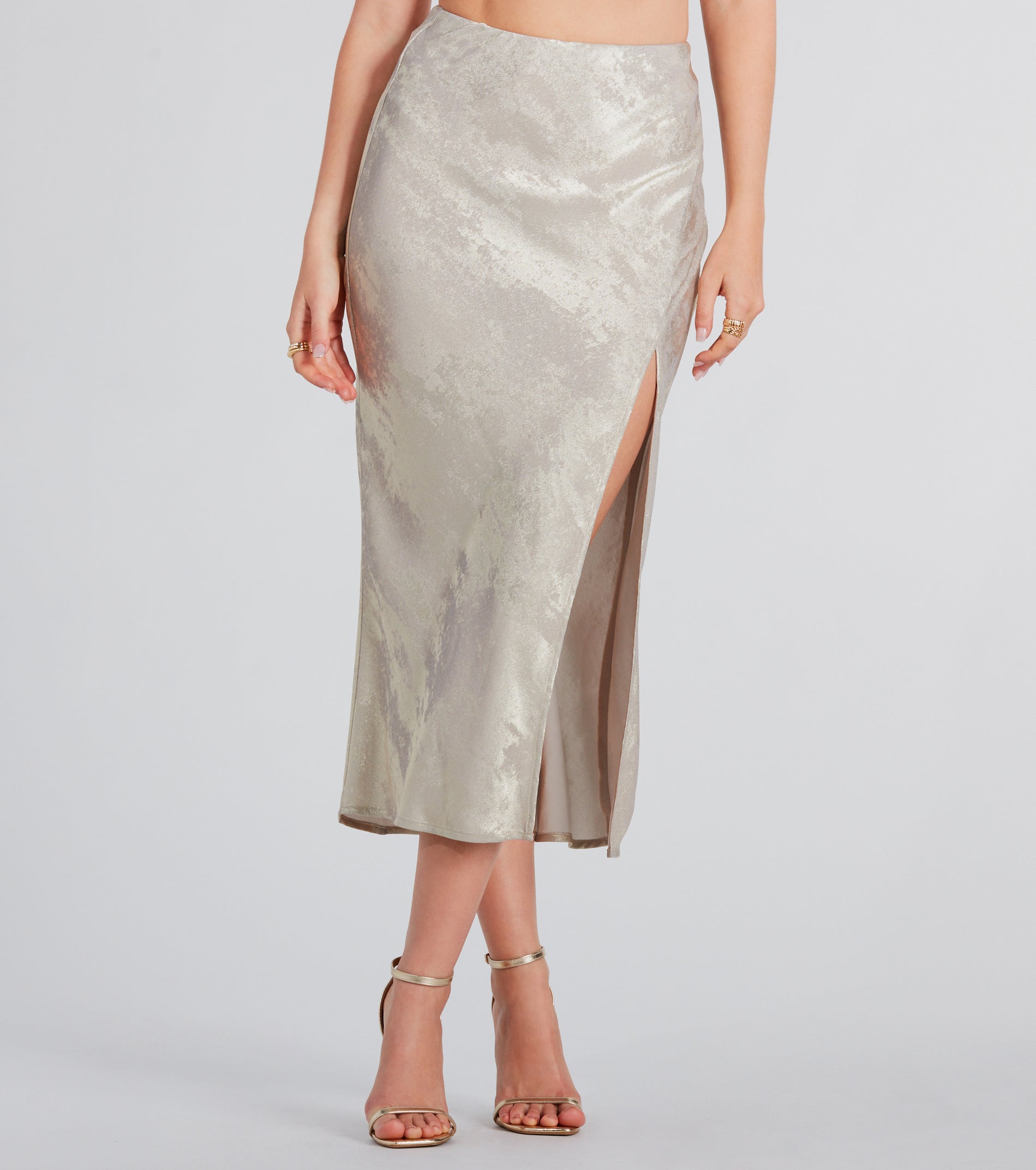 Trendy Shine Foiled Satin Midi Skirt