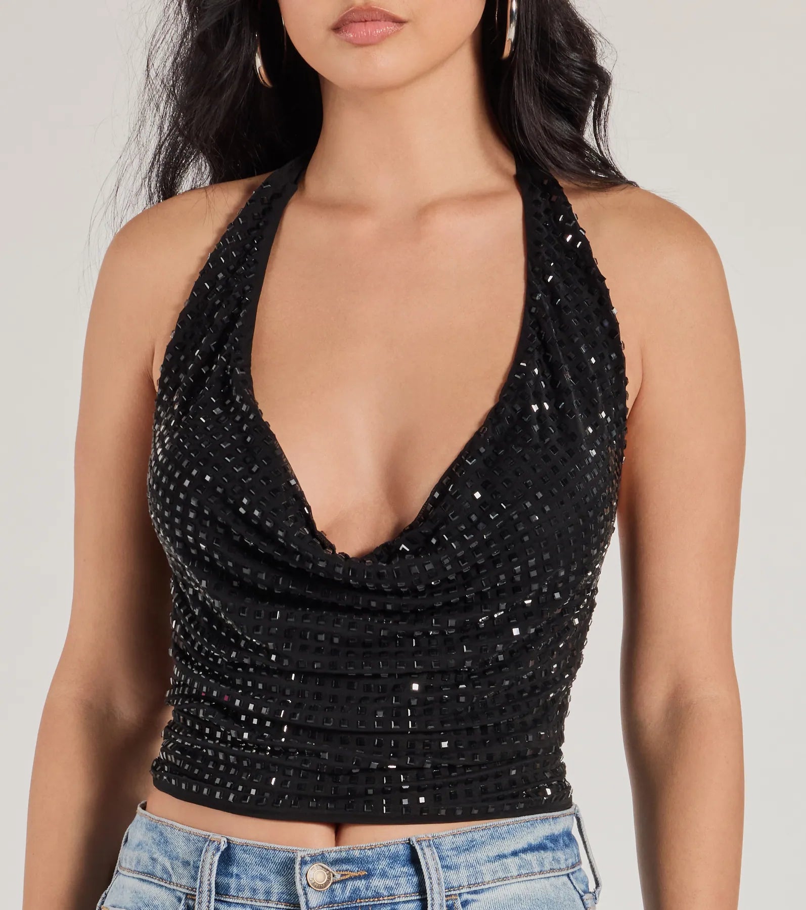 Glitzy Chic Cropped Rhinestone Halter Top