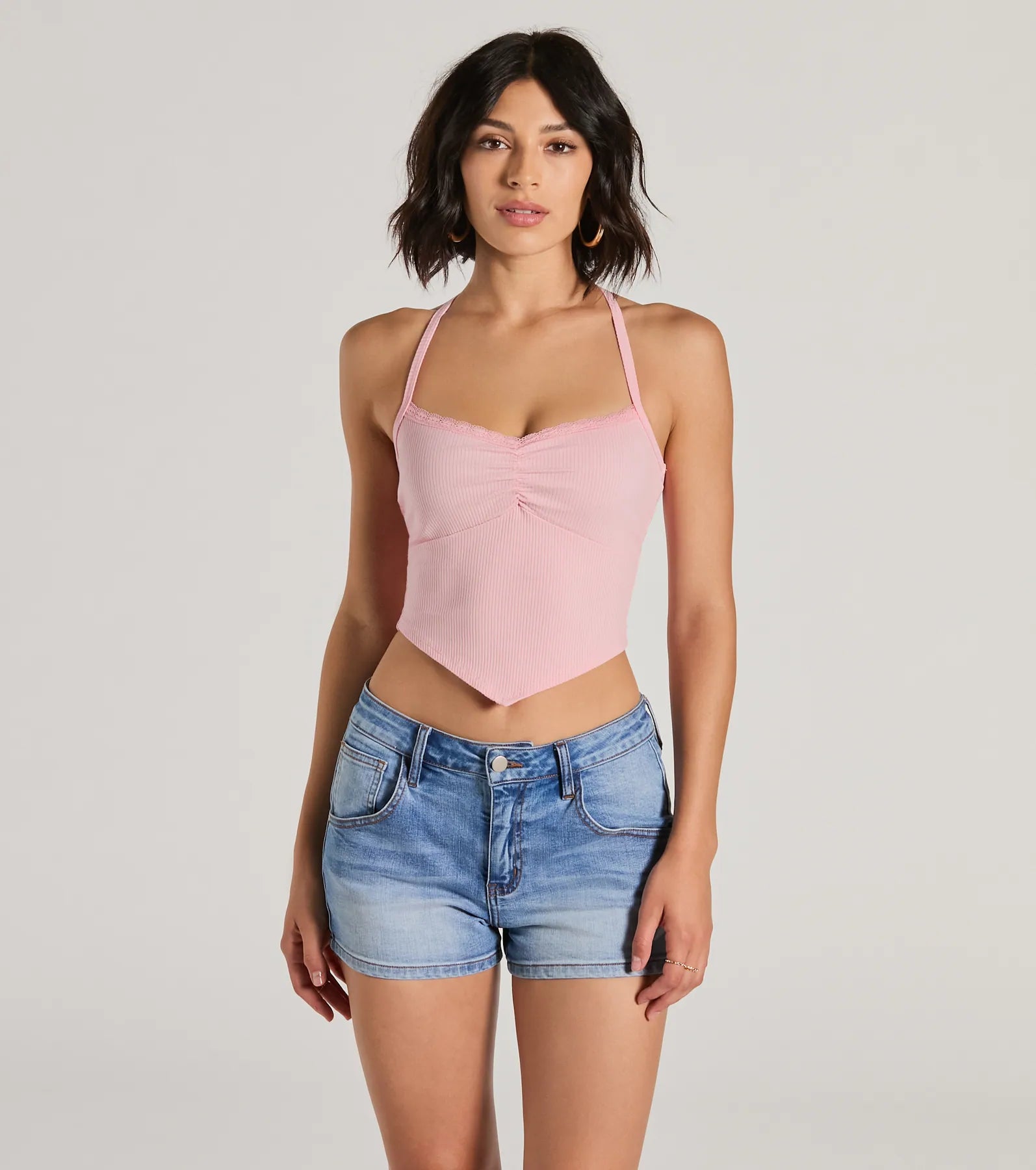 All Day Darling Halter V-Neck Lace Trim Crop Top