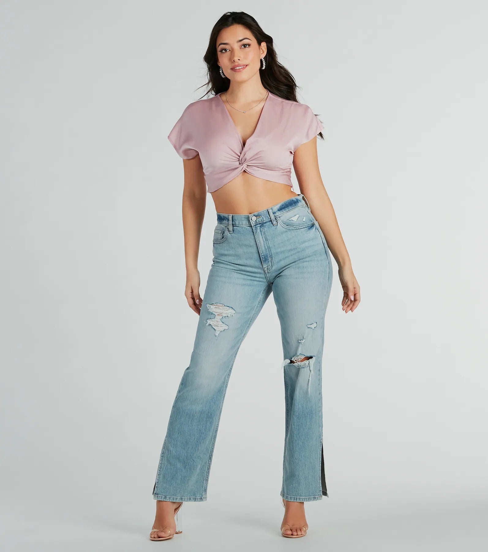 So Sweet Short Sleeve Twist-Front Satin Crop Top