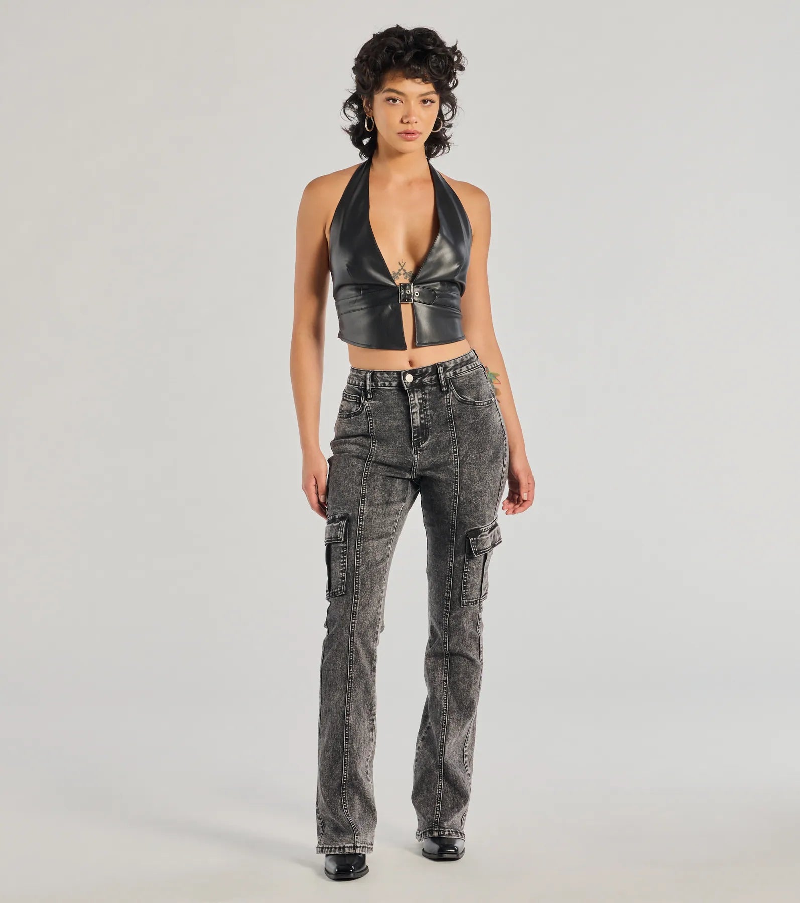 Sultry Muse Buckle Strap Faux Leather Crop Top