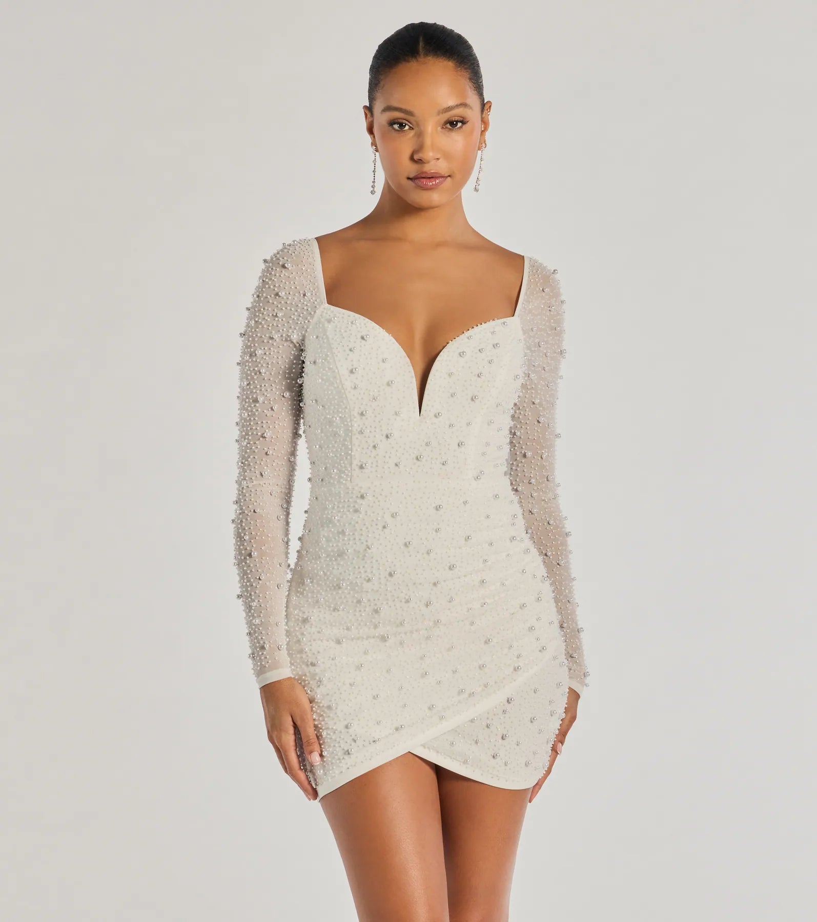 Emma Faux Pearl Beaded Long Sleeve Bodycon Dress