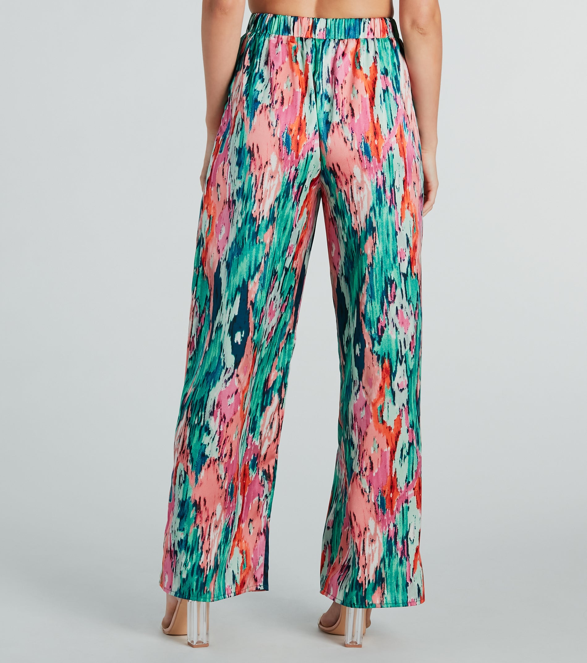 Color Me Pretty Satin Abstract Wide-Leg Pants