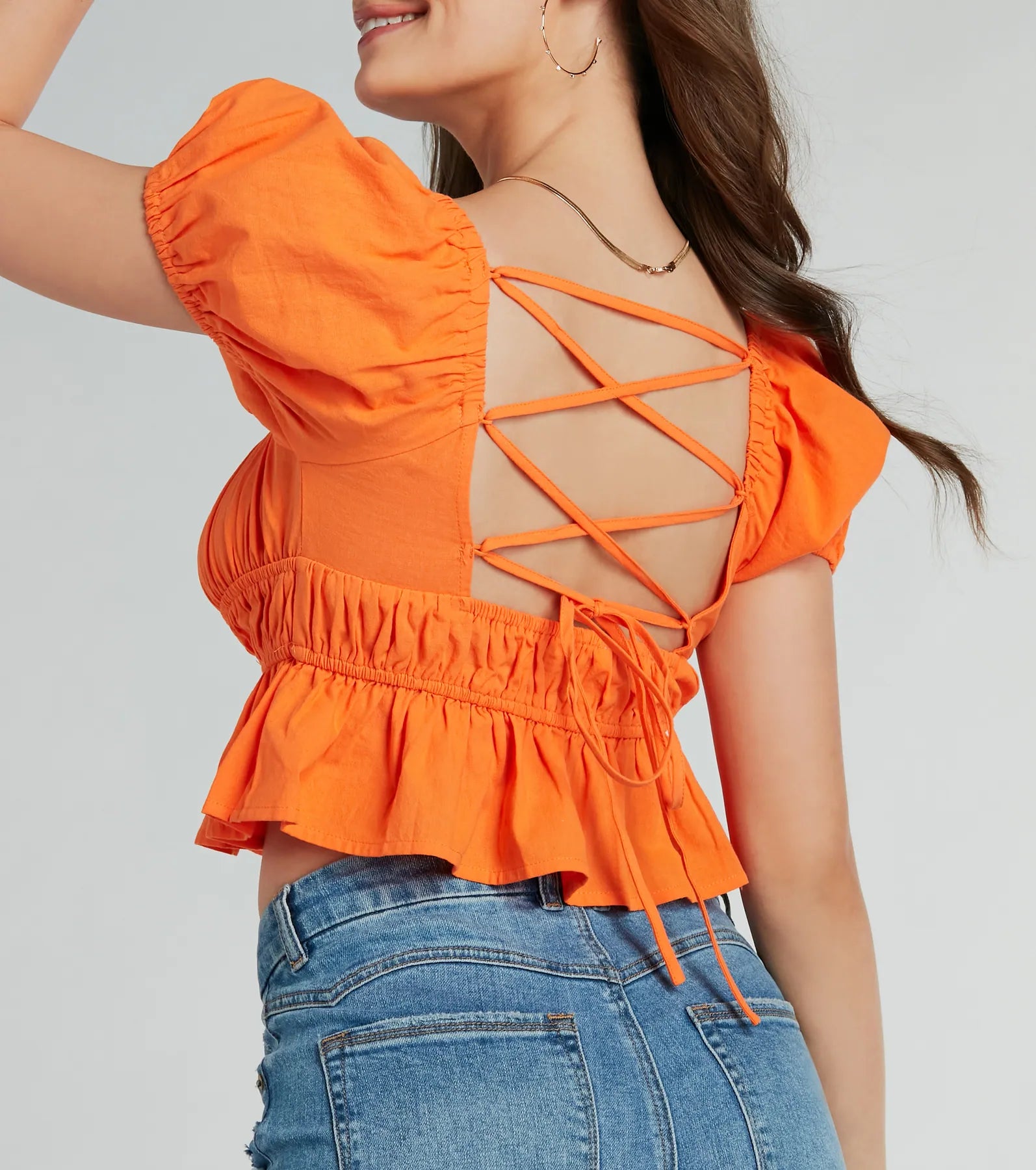 Adoring Looks Puff Sleeve Lace-Up Peplum Crop Top