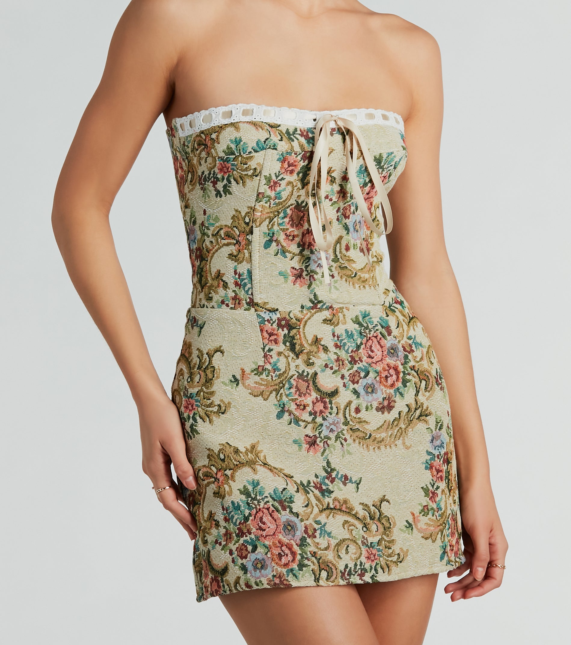 Romance Me Lace-Up Floral Woven Mini Dress