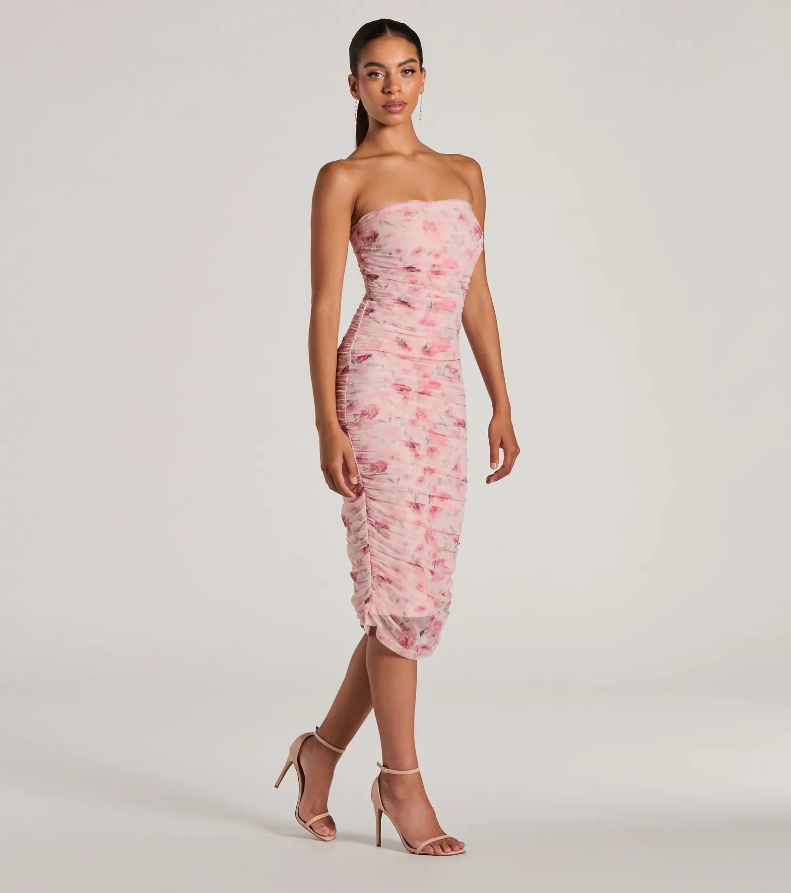 Love And Floral Strapless Mesh Midi Dress