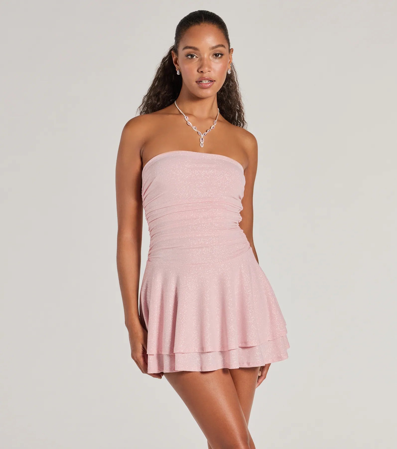 Glittery Impression Strapless Tiered Ruffle Skater Dress