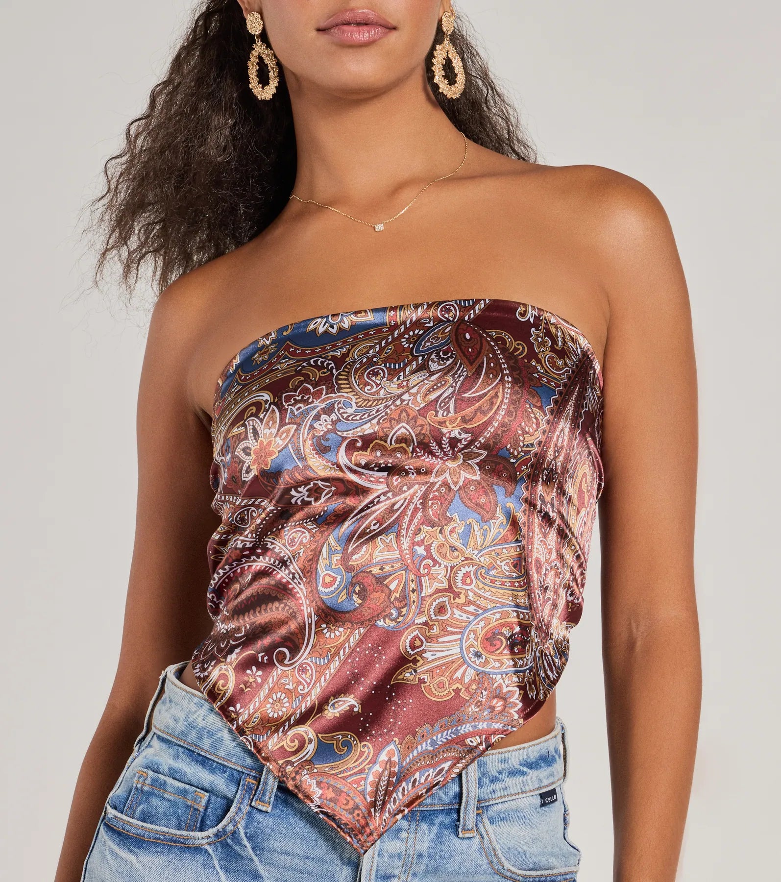 Sangria Sunset Strapless Paisley Satin Crop Top