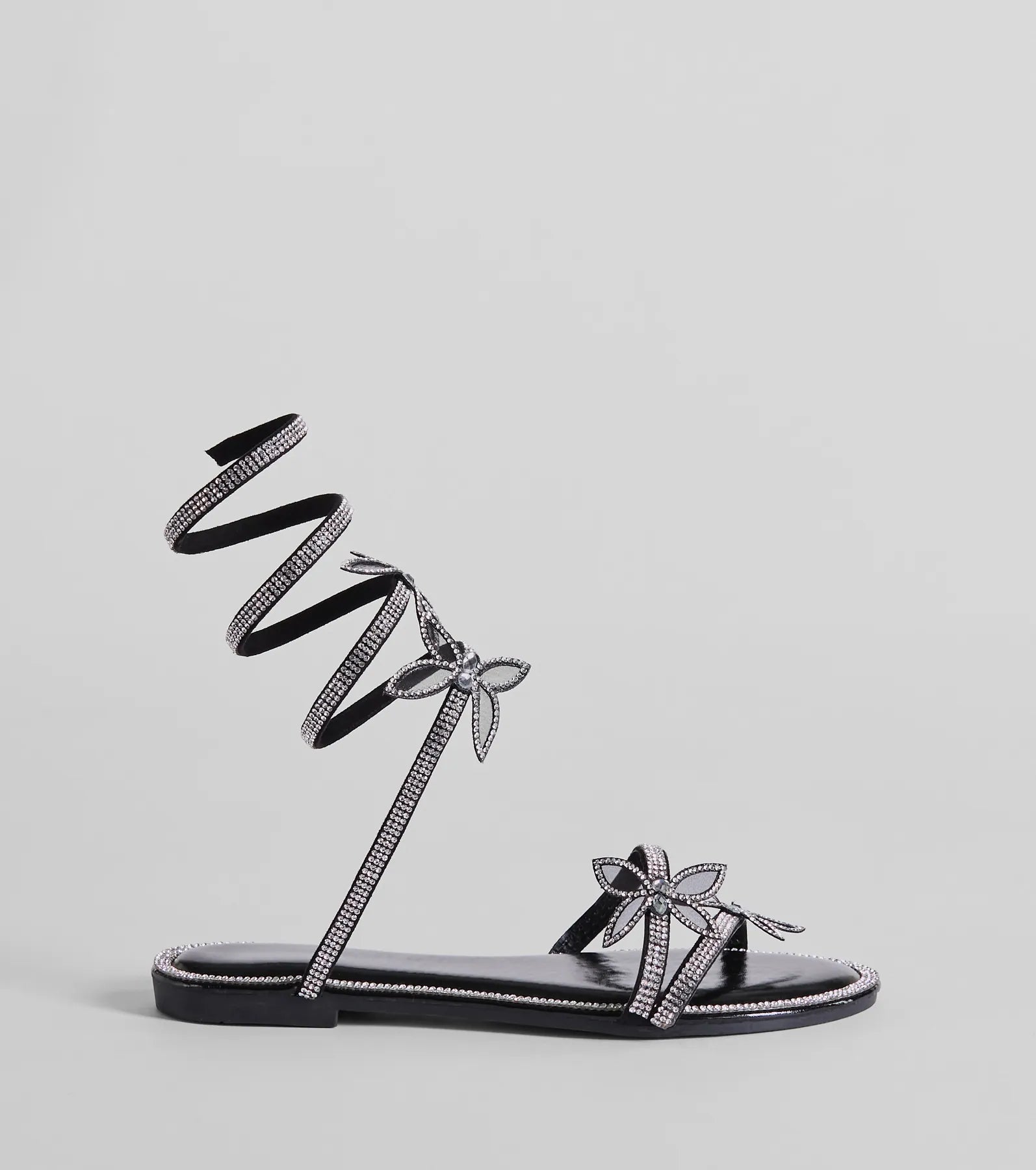 Perfectly Glam Rhinestone Butterfly Spiral Strap Sandals