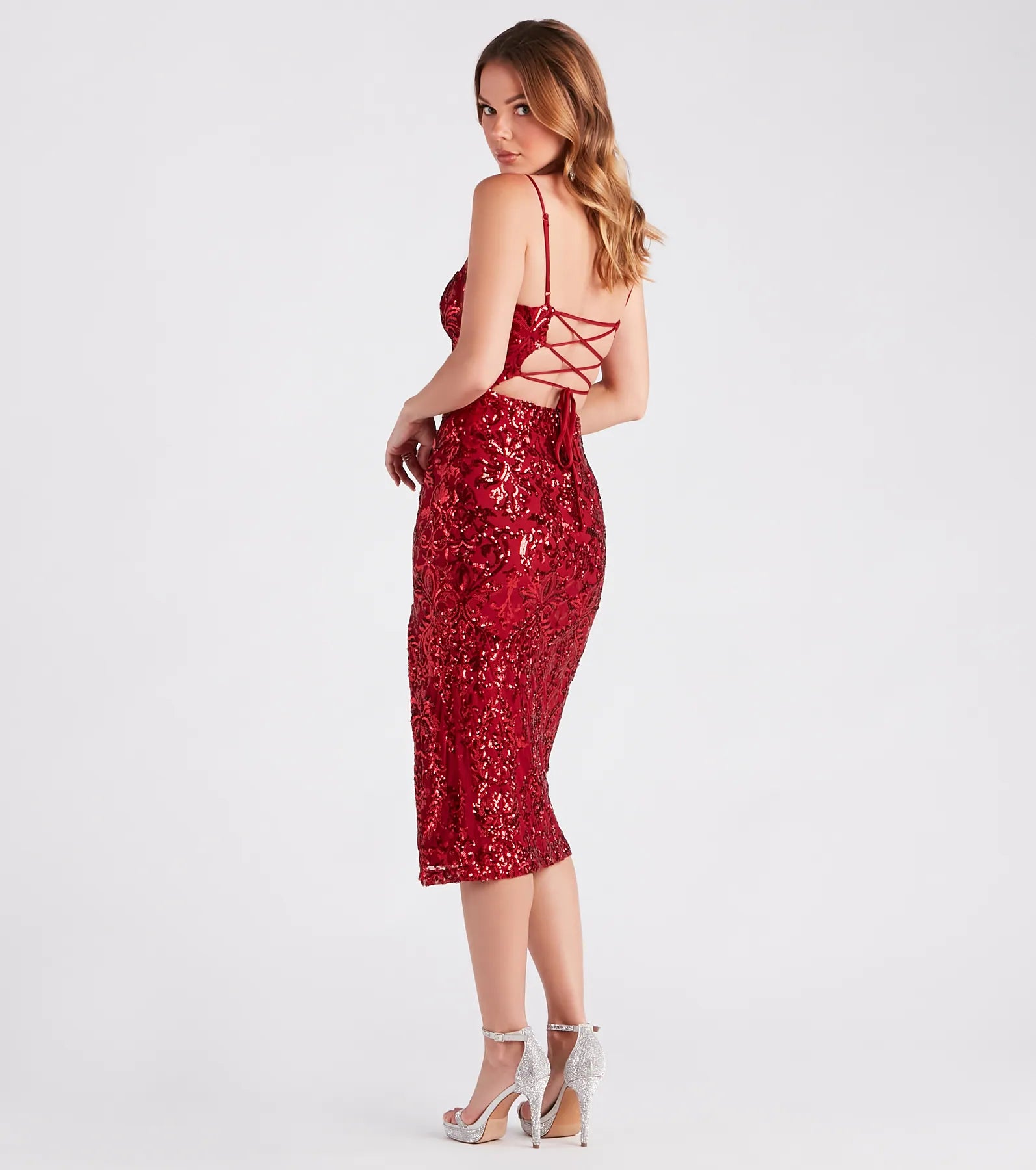 Kourt Formal Sequin Lace-Up Midi Dress