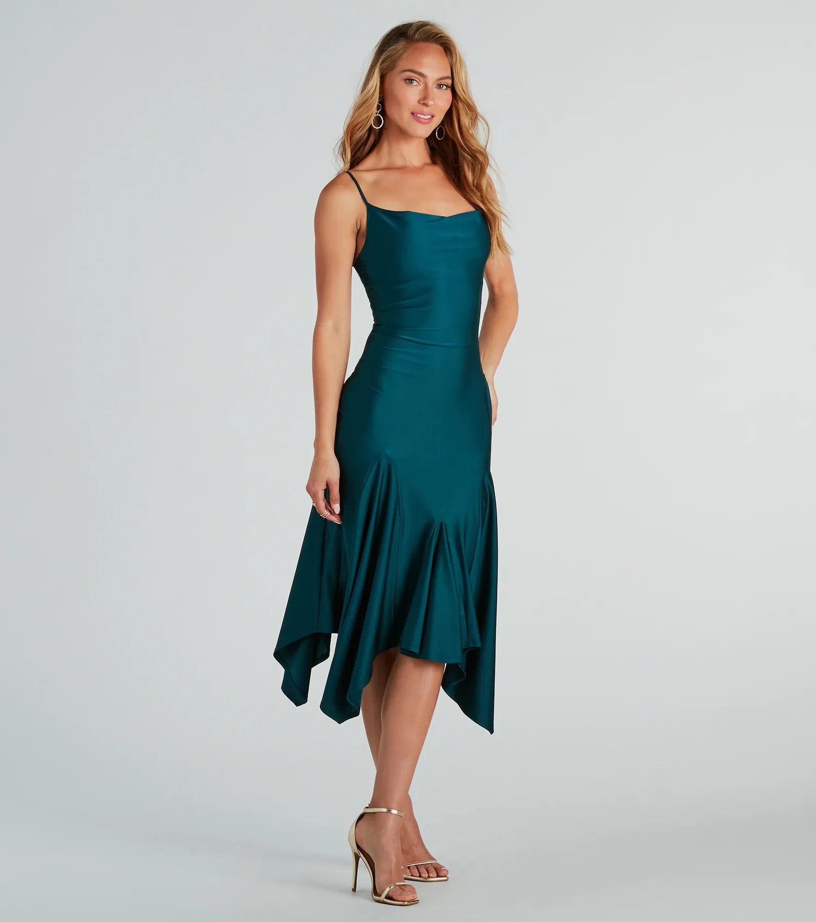 Refined Chic Cowl Ruffled Midi Dress