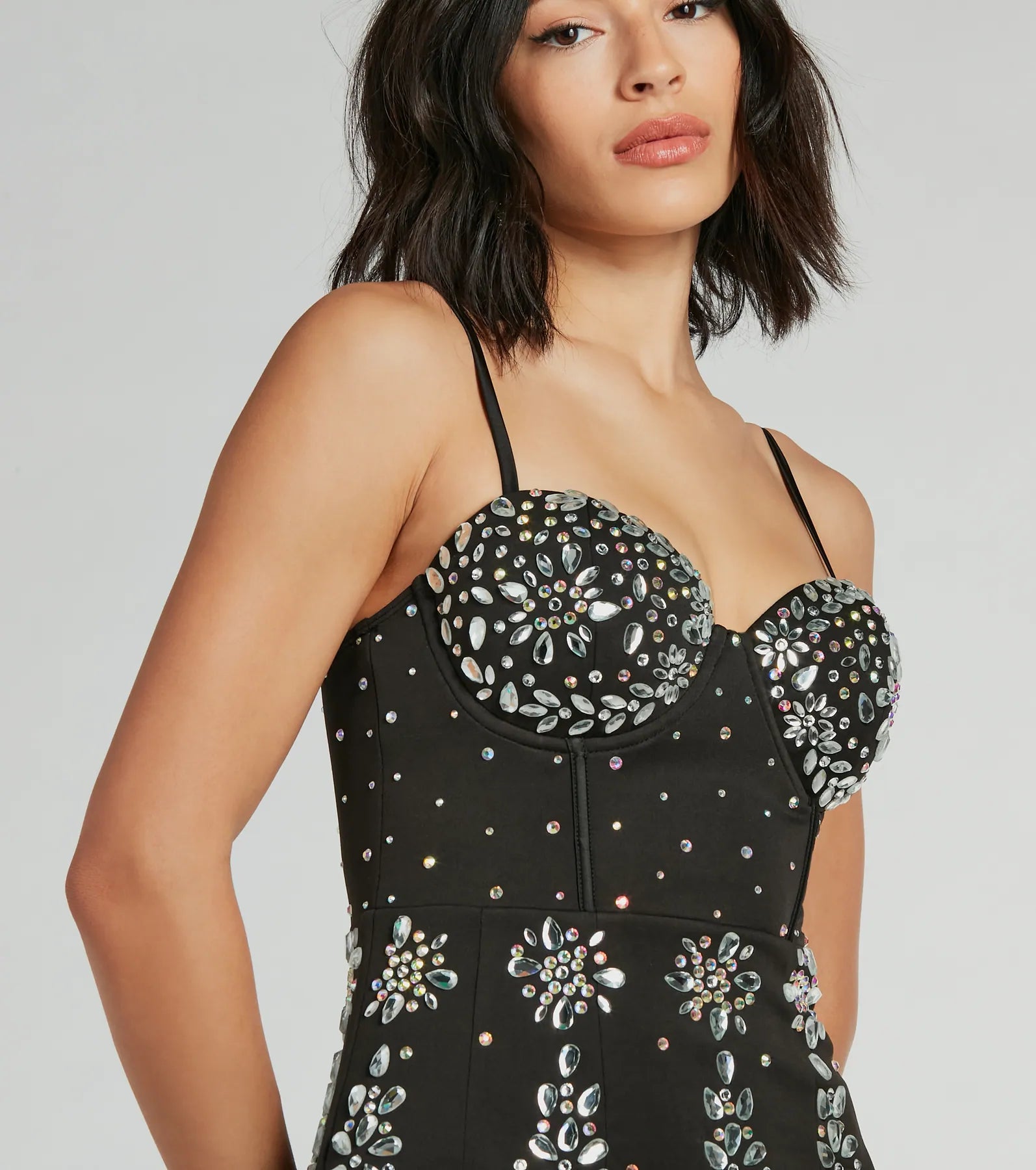 Alexa Formal Rhinestone Crepe Corset Mini Dress