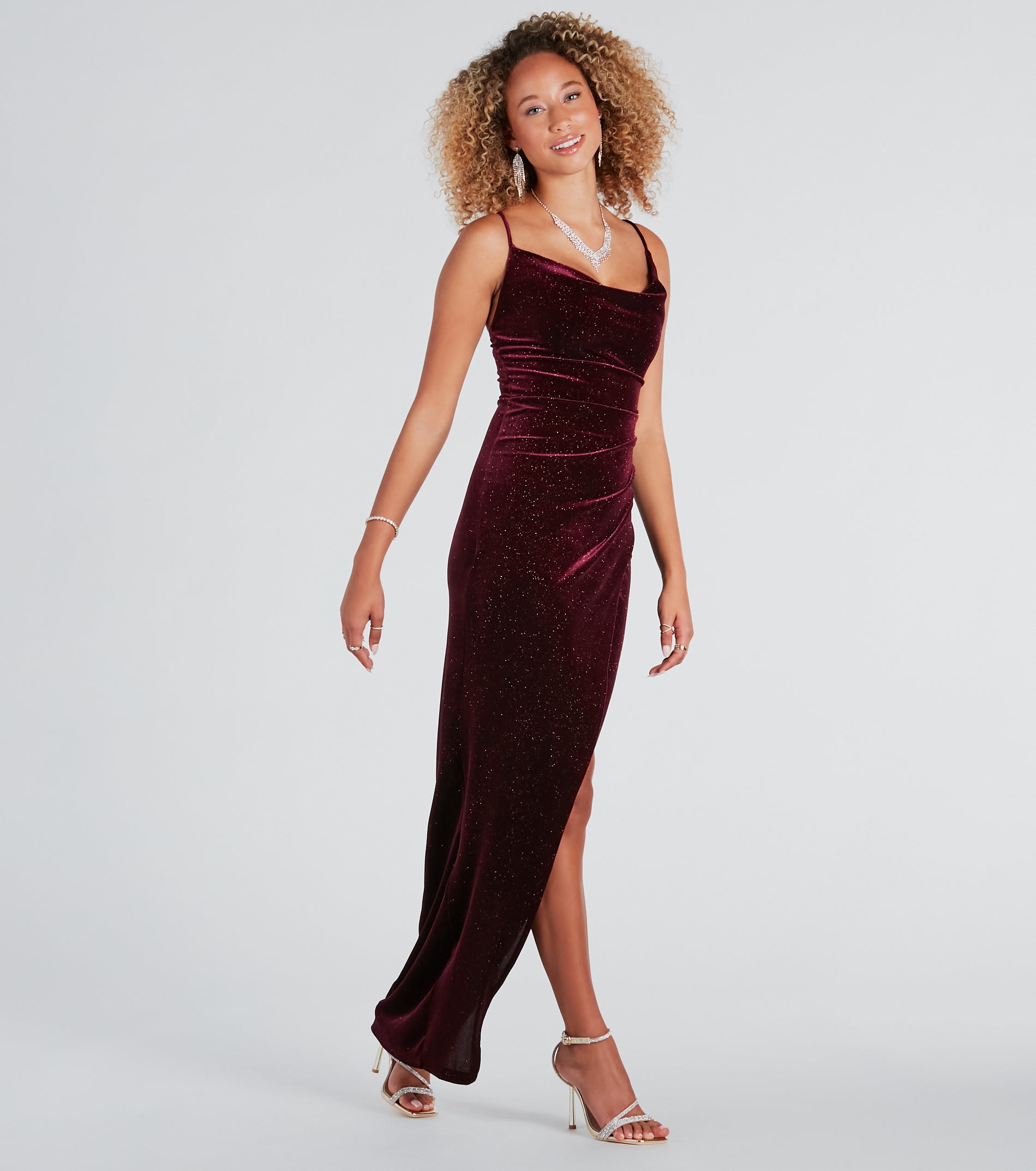 Prianka Formal Glitter Velvet Cowl Neck Dress