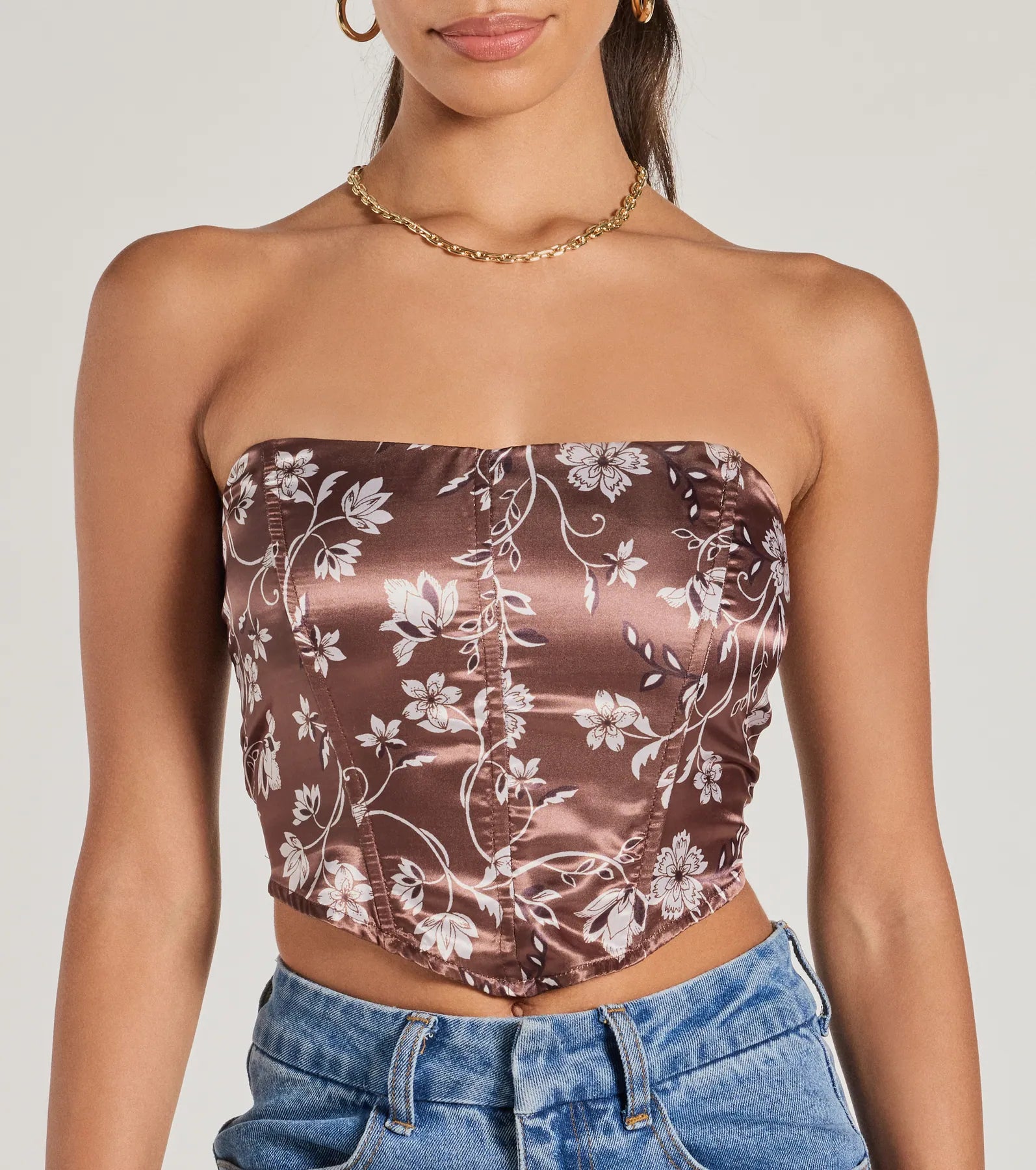 Chic Sheen Floral Satin Strapless Corset Top