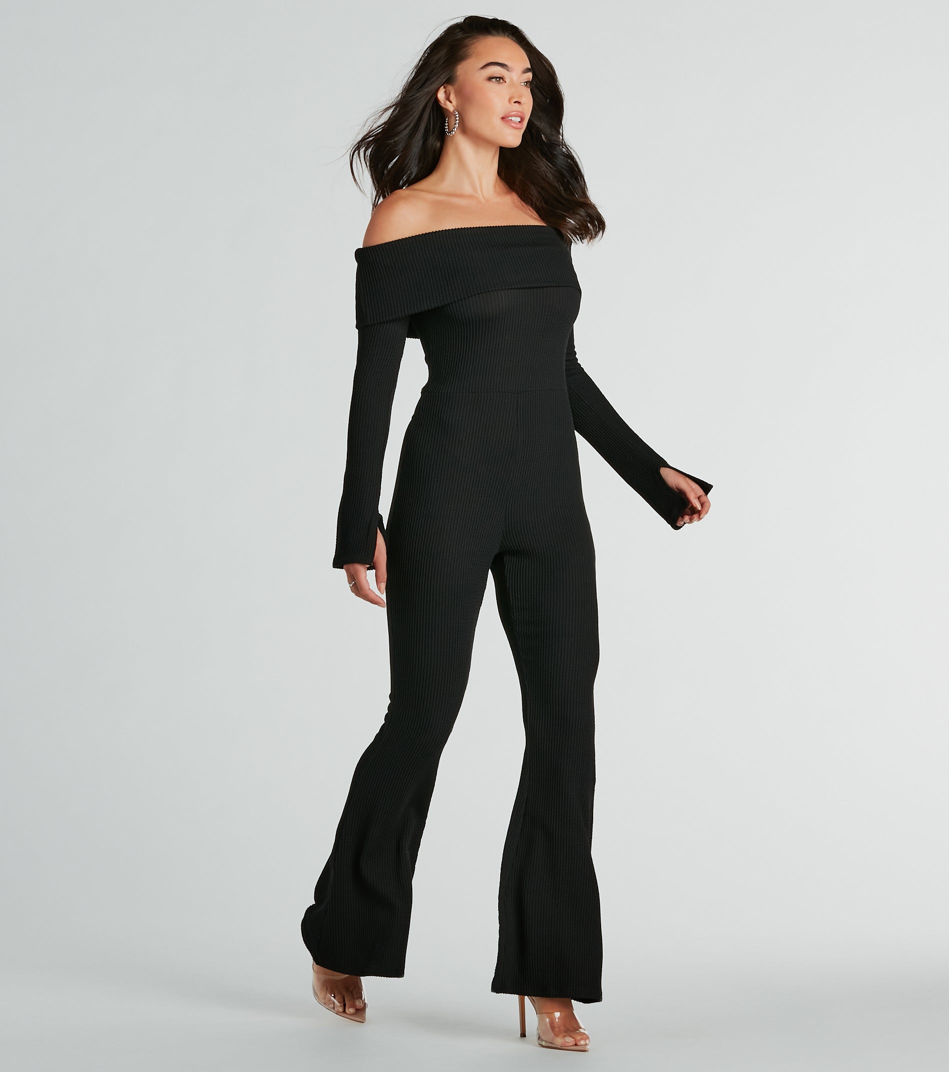 So Chic Off-The-Shoulder Long Sleeve Knit Jumpsuit