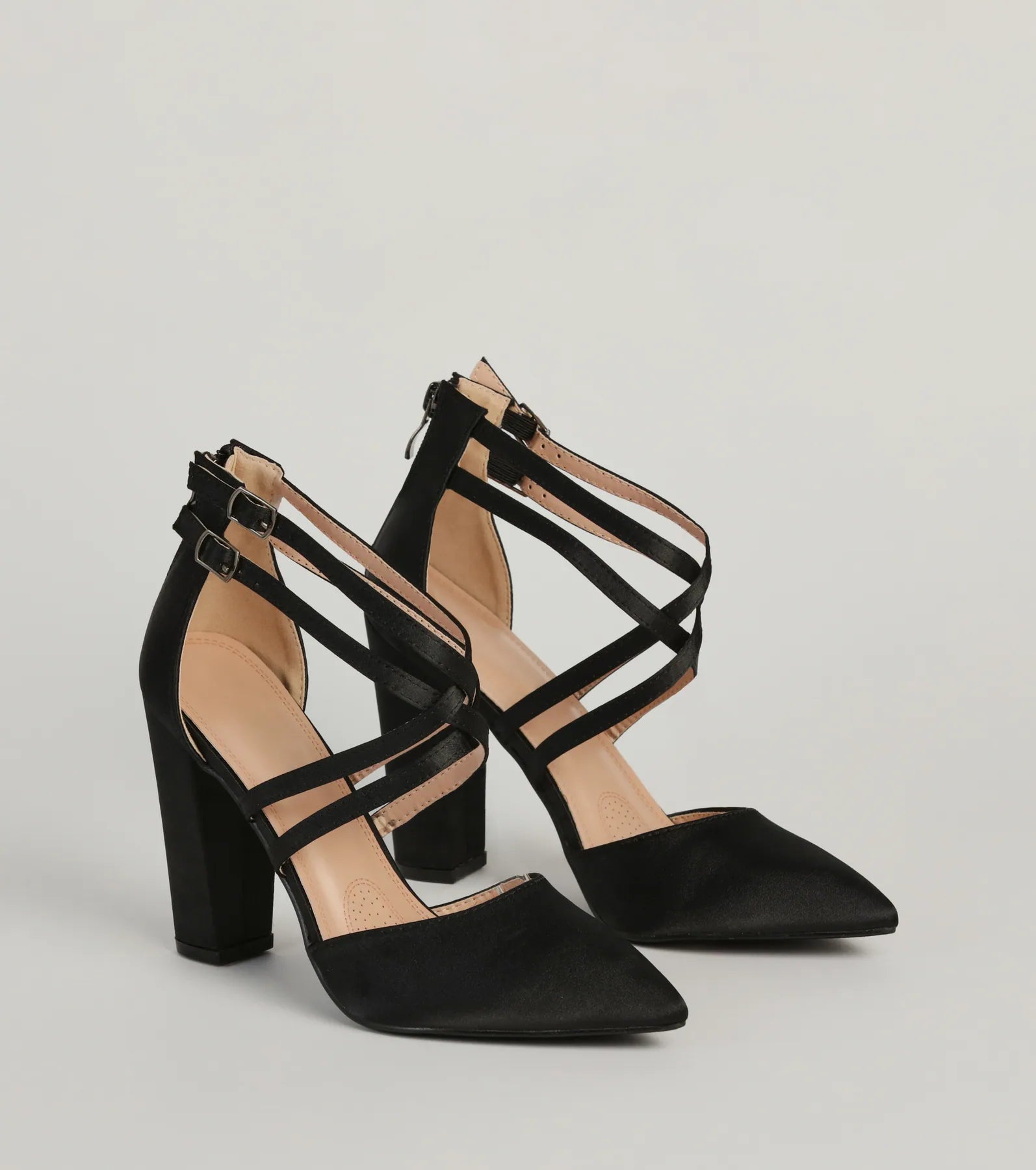 Smooth Charm Satin Strappy Block Heel Pumps