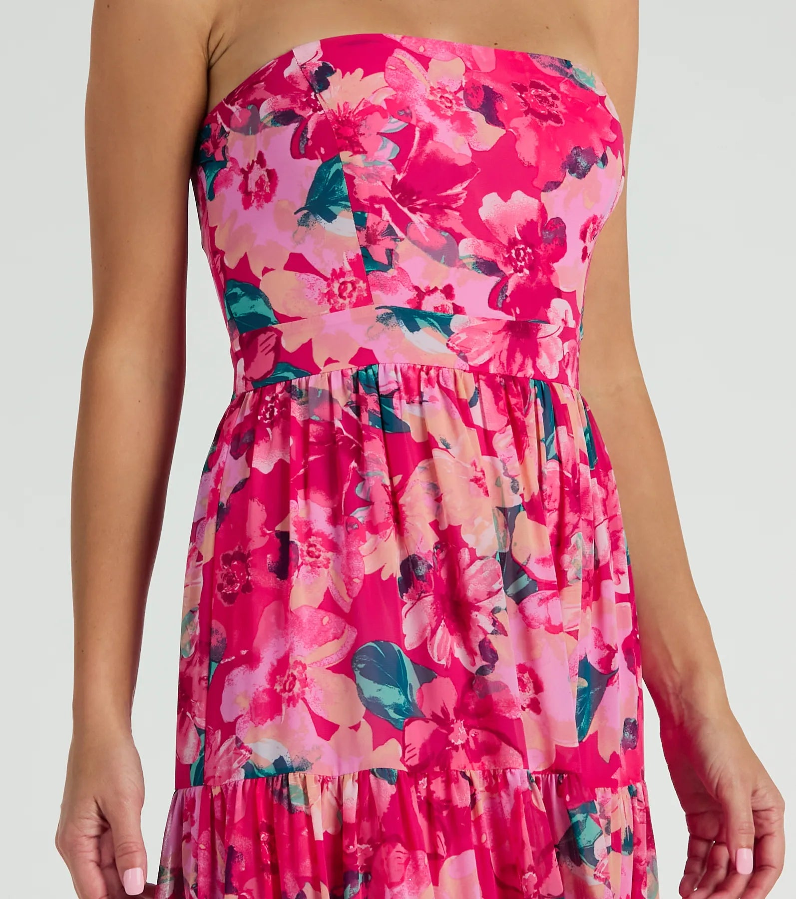 Radiate Romantic Vibes Strapless Floral Chiffon Maxi Dress