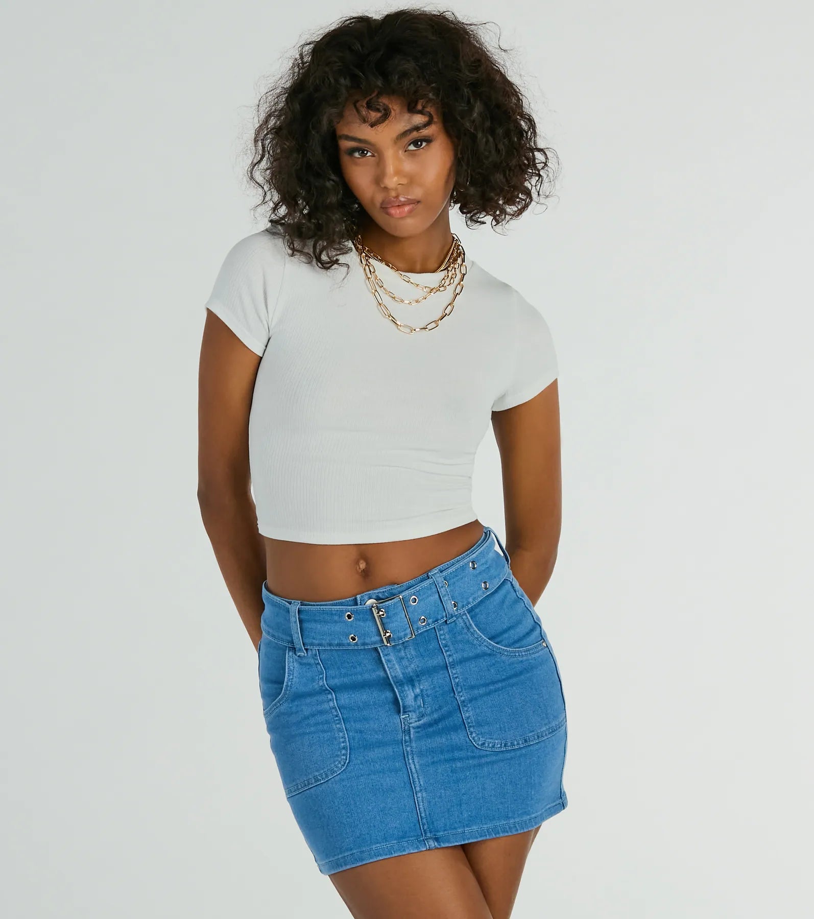 Trendsetting Look Belted Denim Mini Skirt