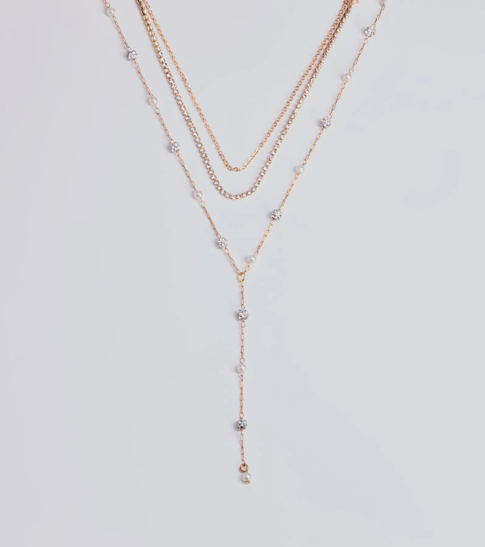 Glam Moment Rhinestone and Faux Pearl Lariat Necklace Set