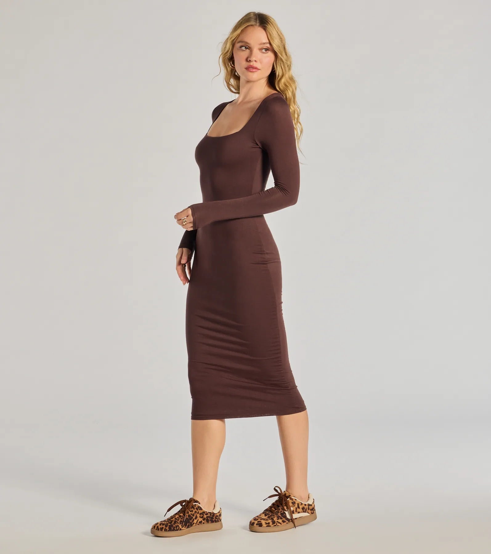 Modern Minimalist Long Sleeve Midi Dress