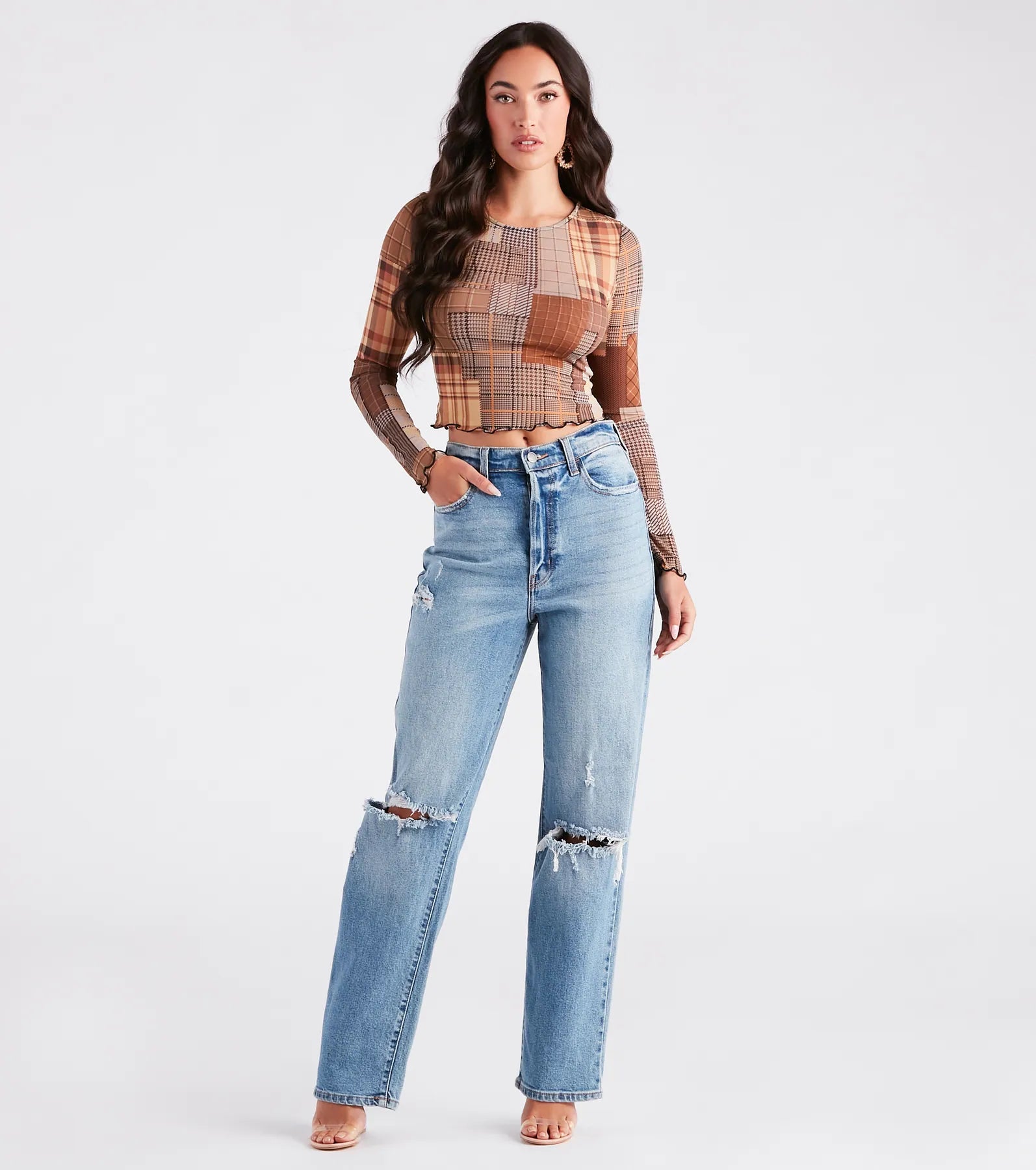 Cutie In Plaid Long Sleeve Mesh Crop Top