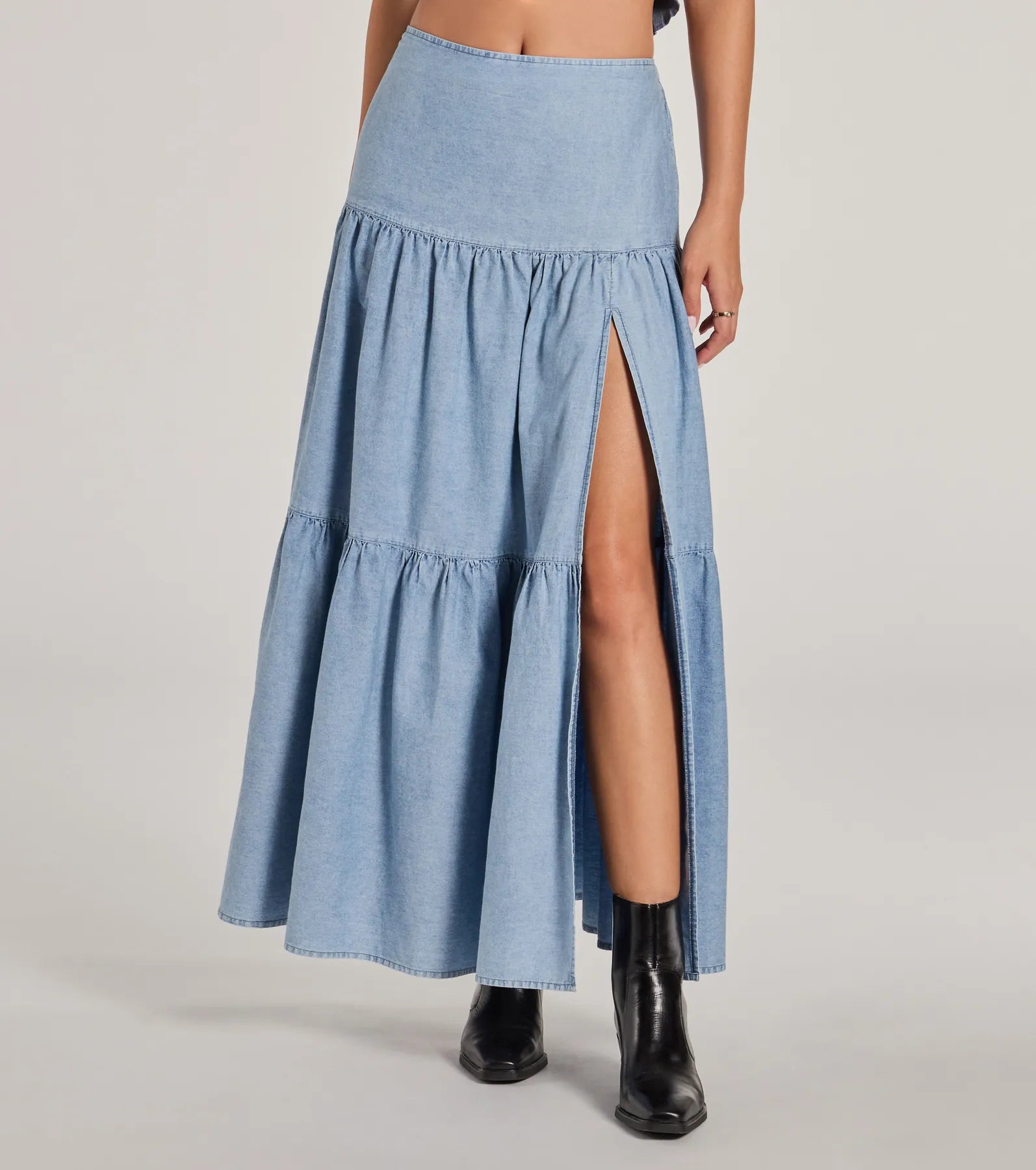 Just Got Sweet High-Rise Slit Chambray Maxi Skirt