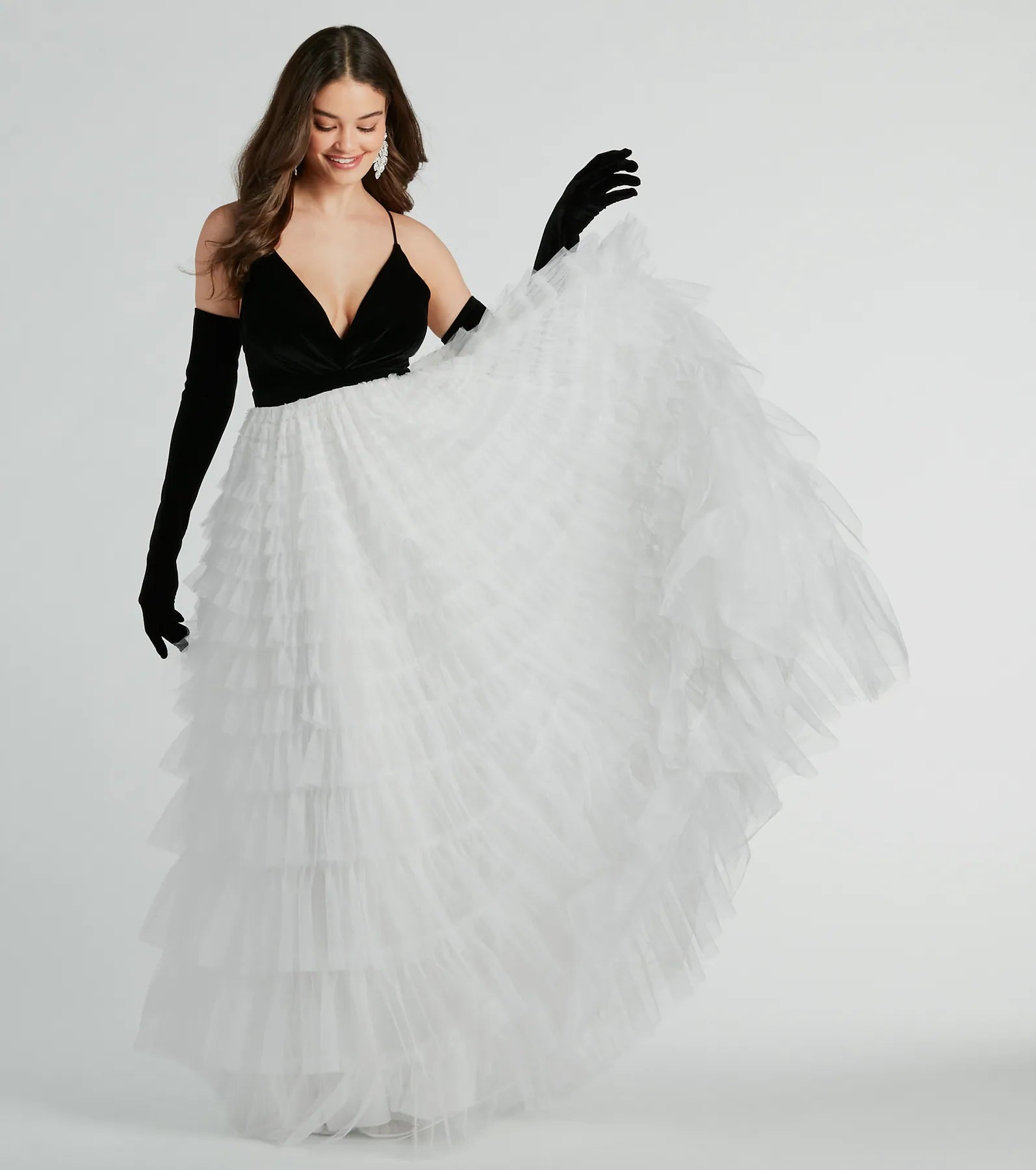 Carrie A-Line Ruffled Mesh Ball Gown With Gloves