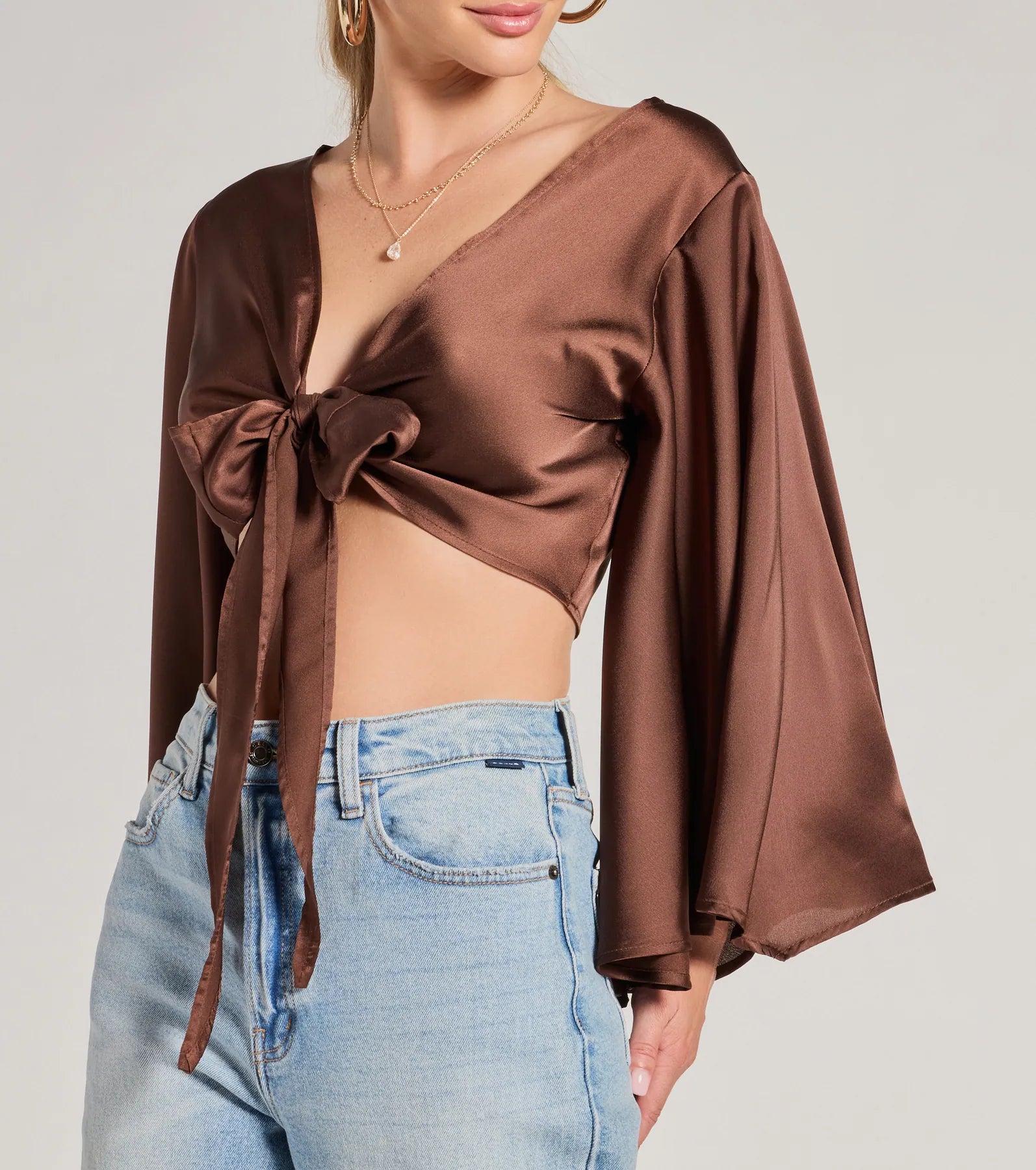 Silky Satin Tie Front Crop Top