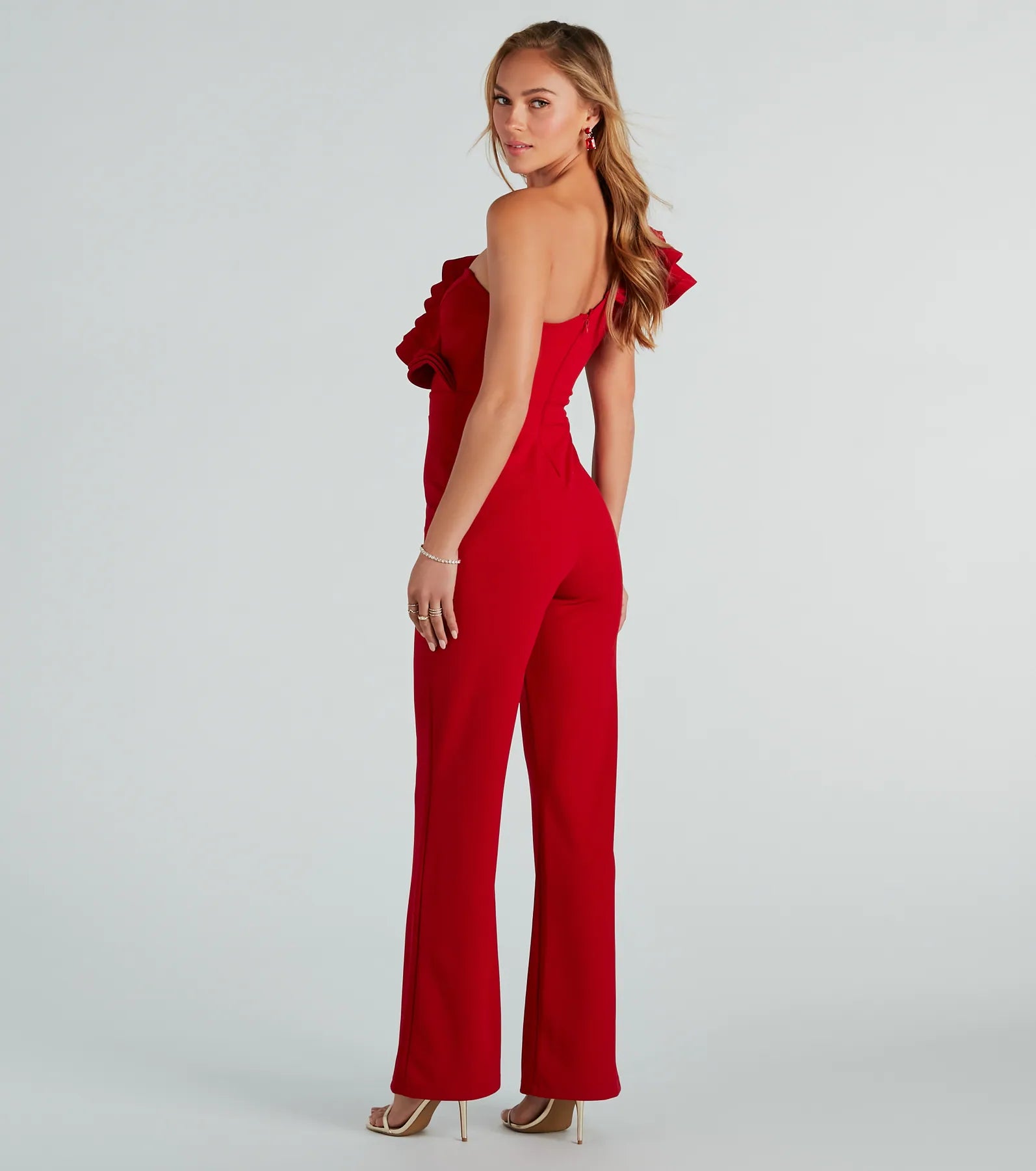 Catwalk Strut Crepe Ruffle One-Shoulder Jumpsuit