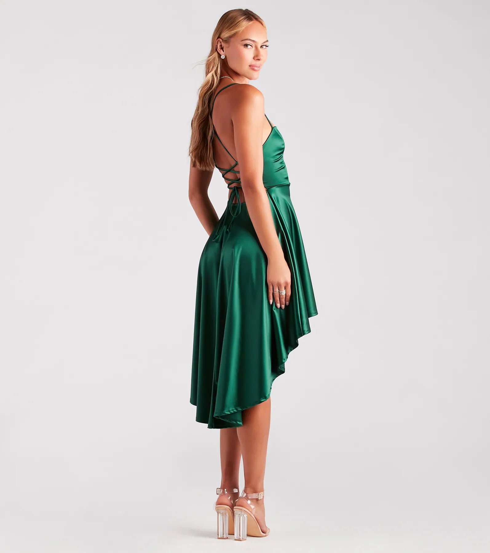 Make A Move Satin Lace-Up High Low Dress