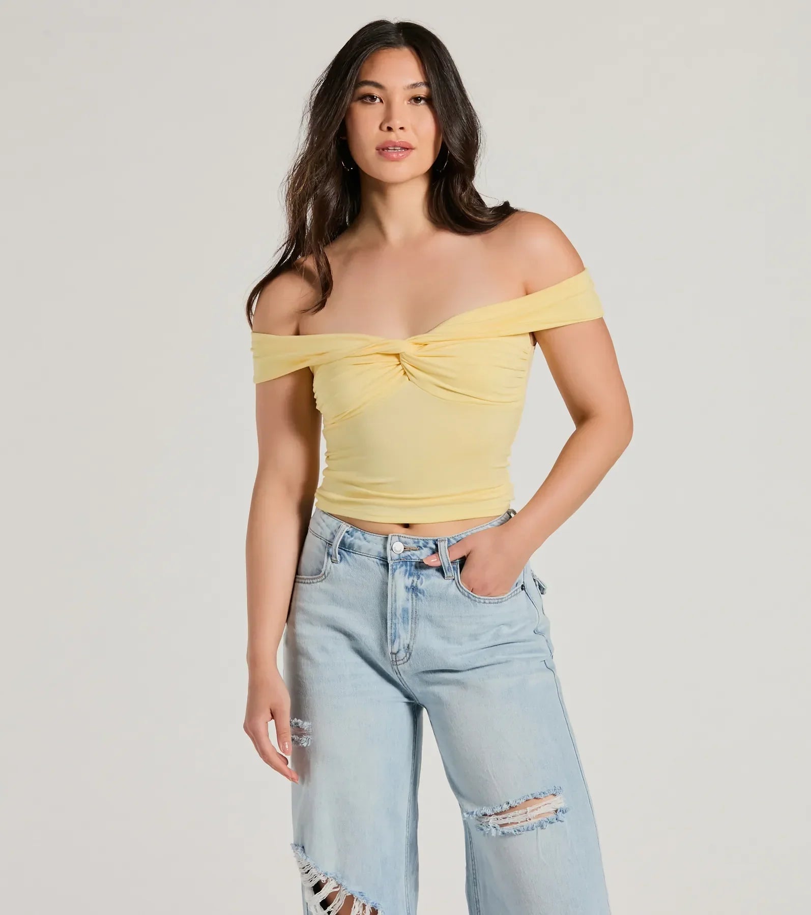 Trendy Twist-Front Off-The-Shoulder Crop Top