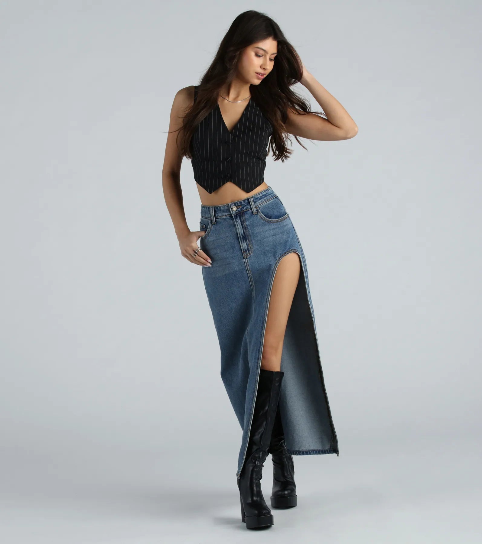 Sound The Alarm High Slit Denim Maxi Skirt