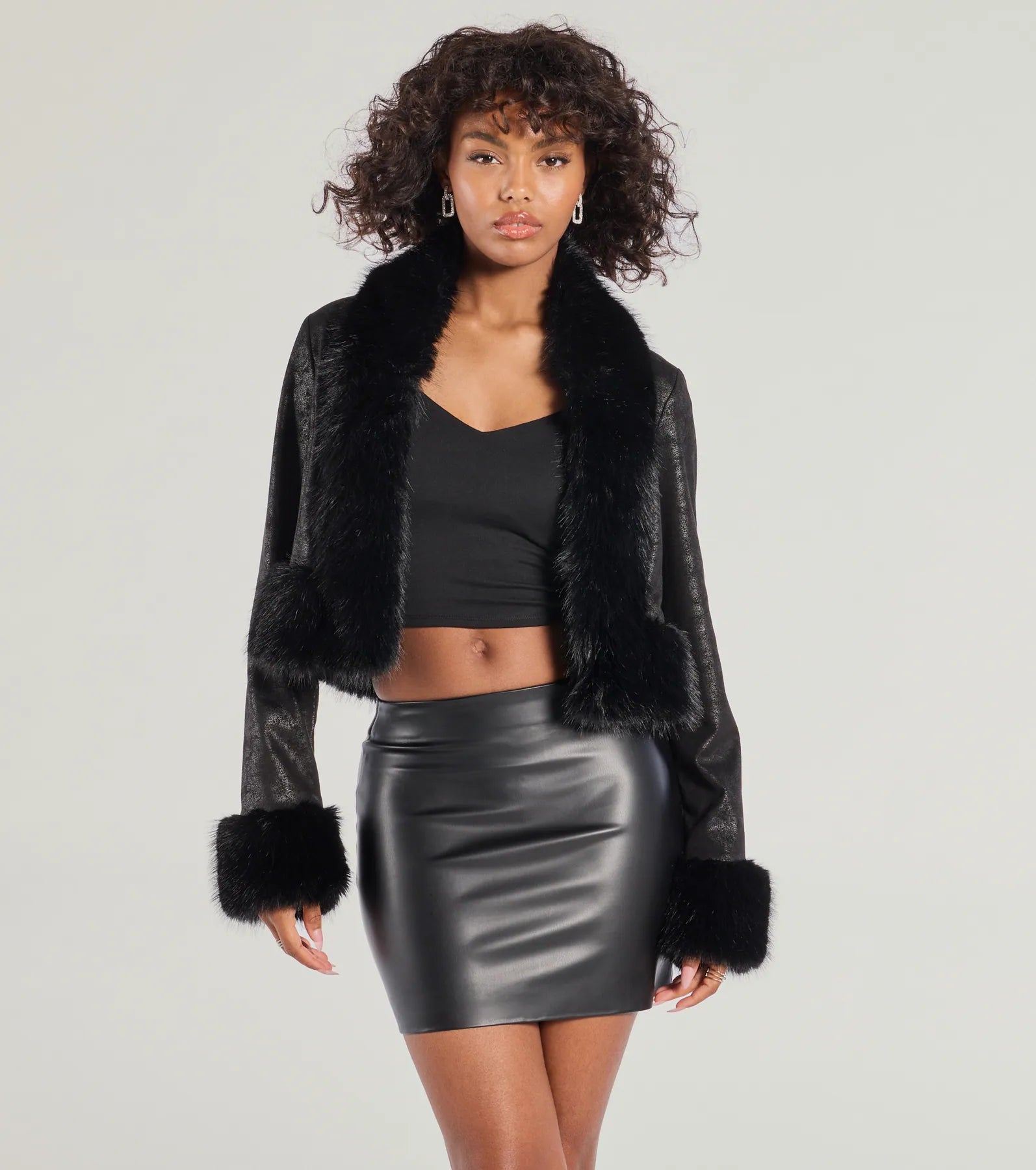 Diva Status Faux Fur Trim Crop Jacket