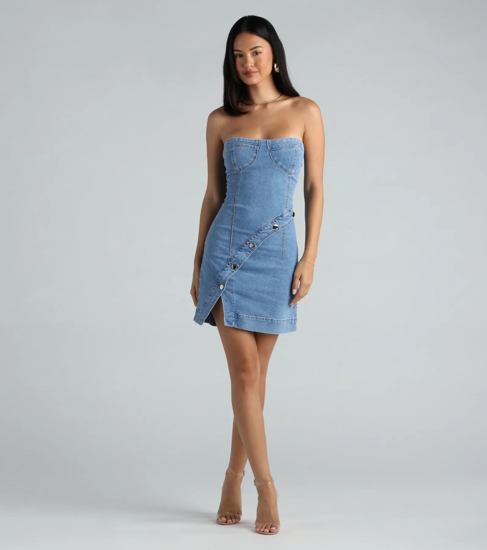 Button Up Babe Denim Strapless Mini Dress