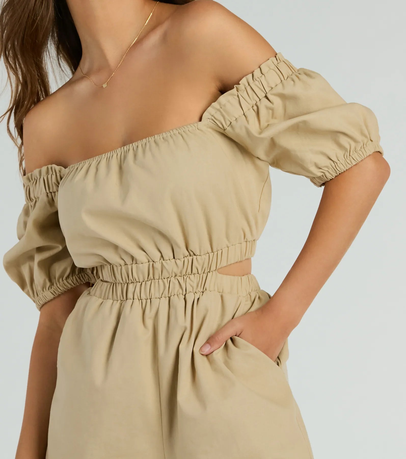 Day Time Adventure Puff Sleeve Cutout Linen Romper