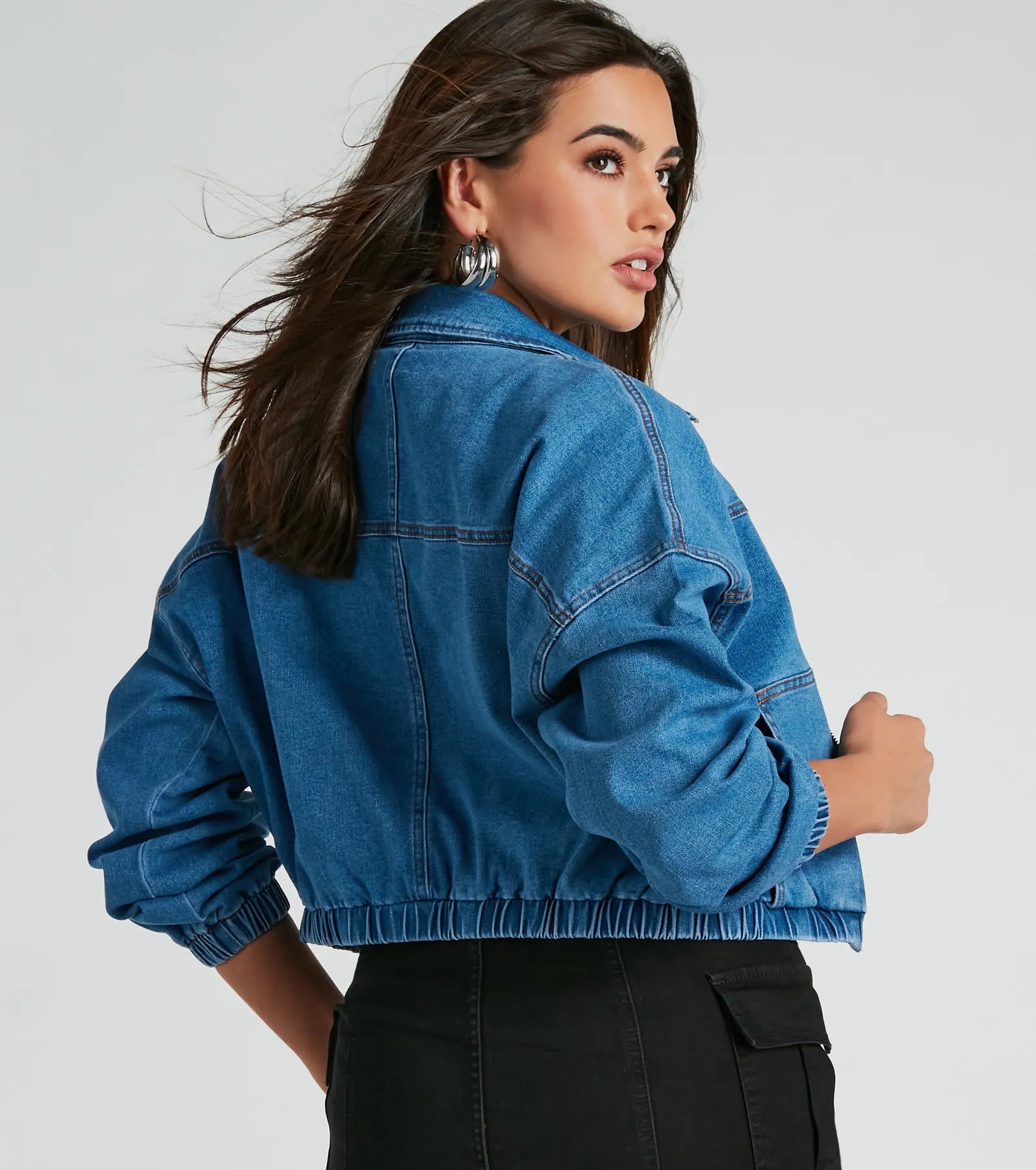 Trendy Destination Denim Bomber Jacket