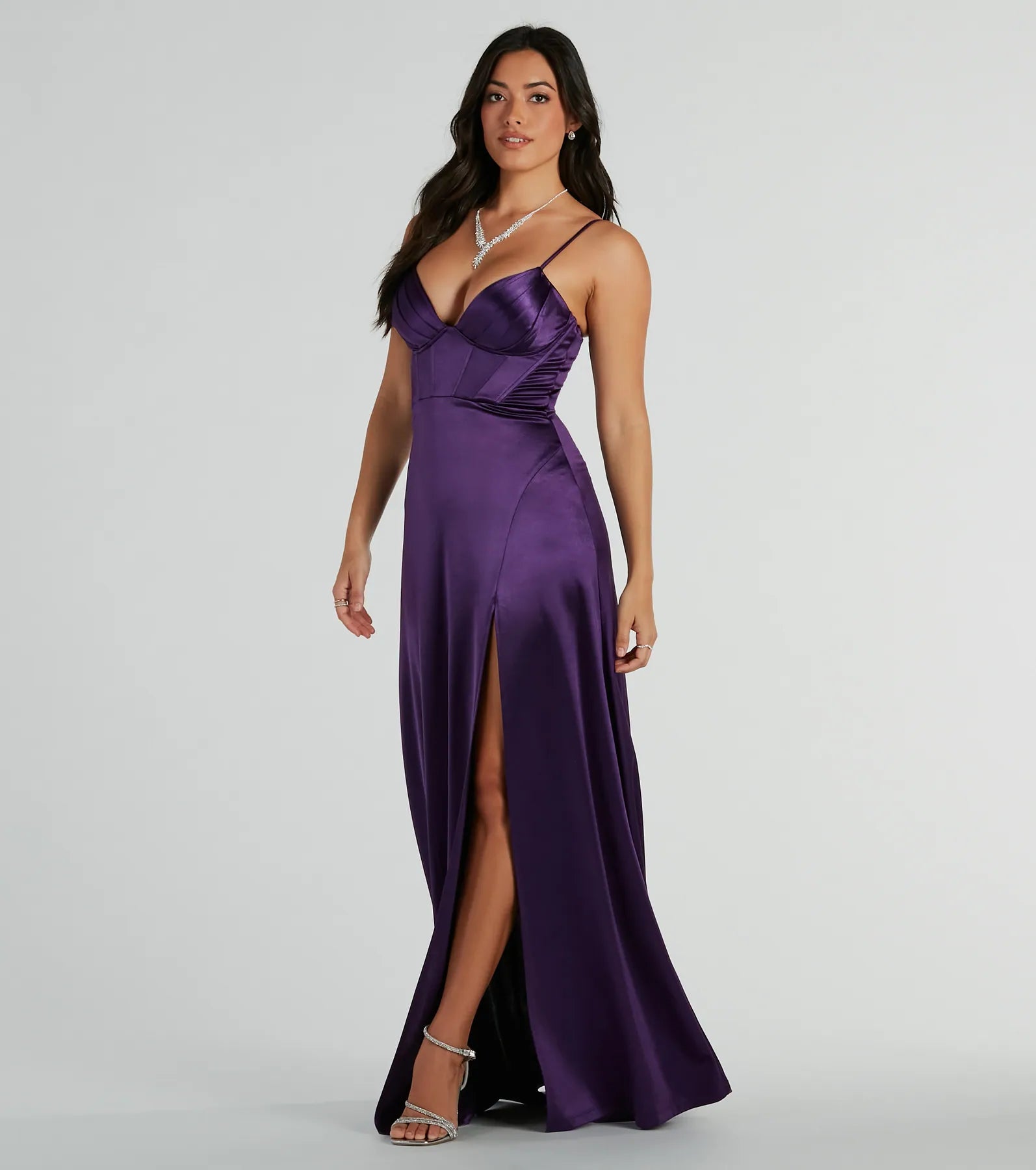 Haley Corset Slit A-Line Satin Formal Dress