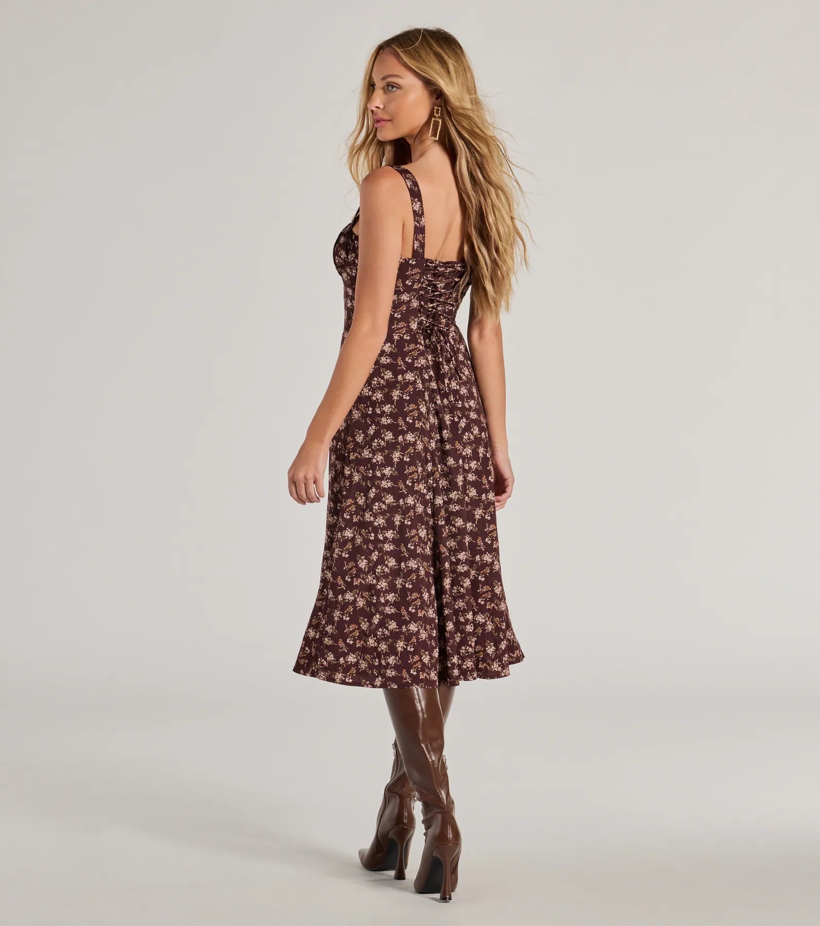 Chic Fall Vibe Ditsy Floral Corset Midi Dress