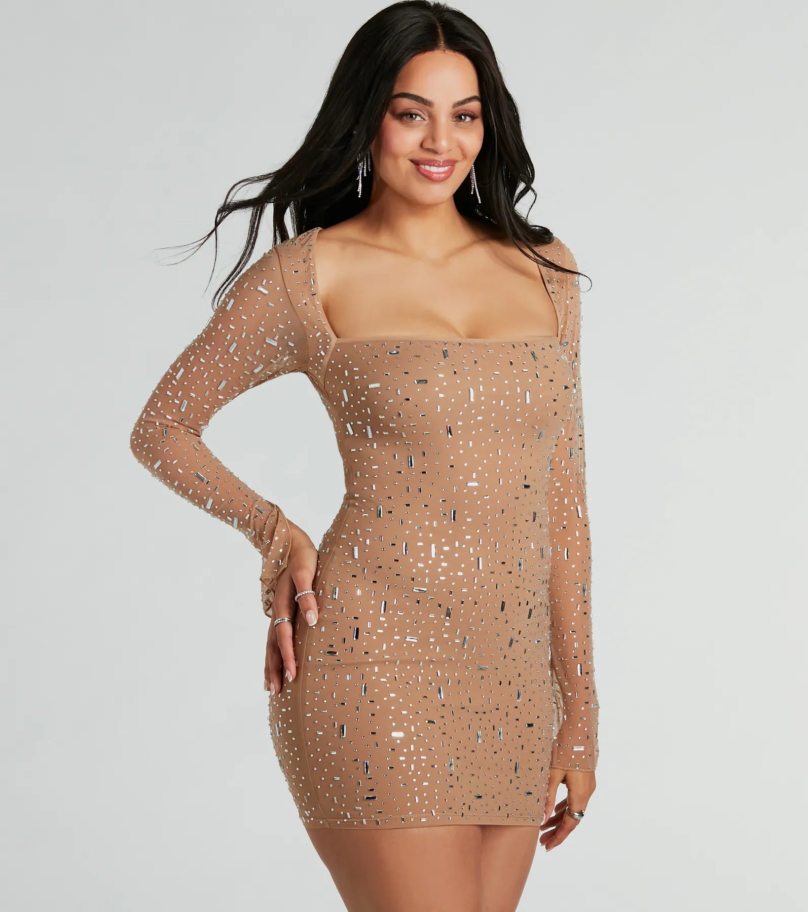 Dazzling Glam Long Sleeve Rhinestone Mesh Mini Dress