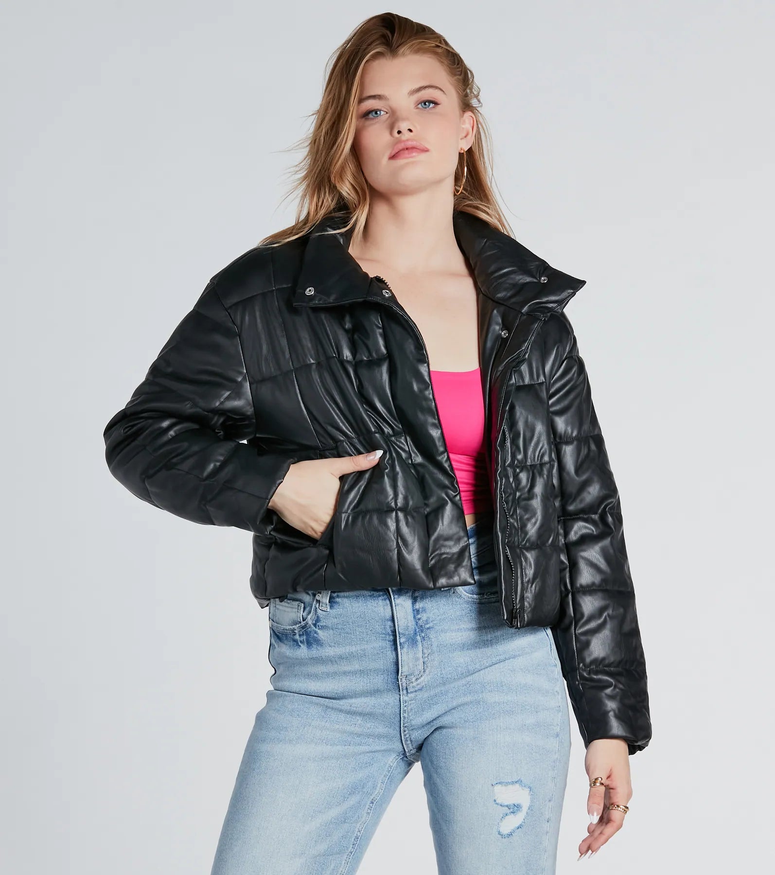 Sleek As Can Be Faux Leather Puffer Jacket